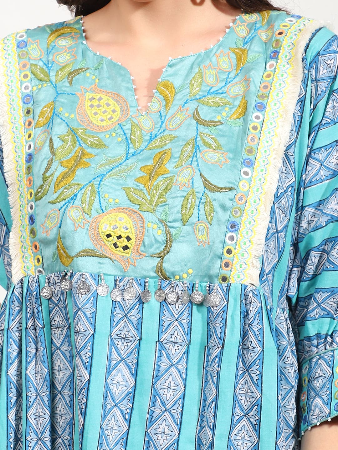 Embroidered Mirror Work Dress - Light Blue