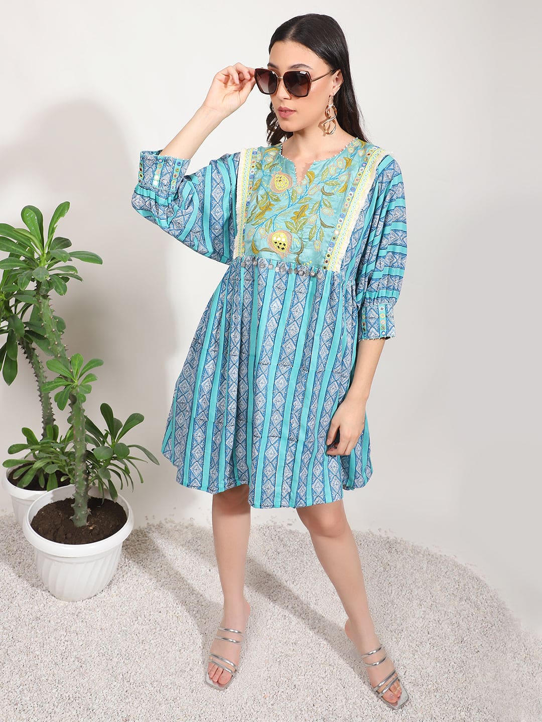 Embroidered Mirror Work Dress - Light Blue