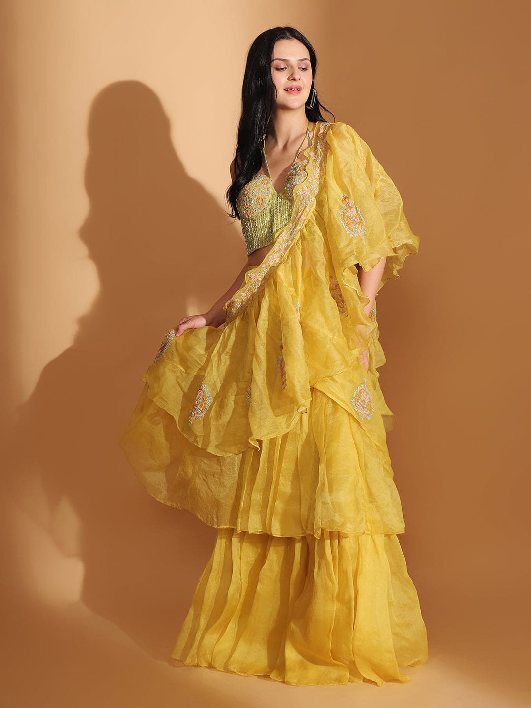 Off-Shoulder Corset Top & Cowl Drape Skirt - Yellow