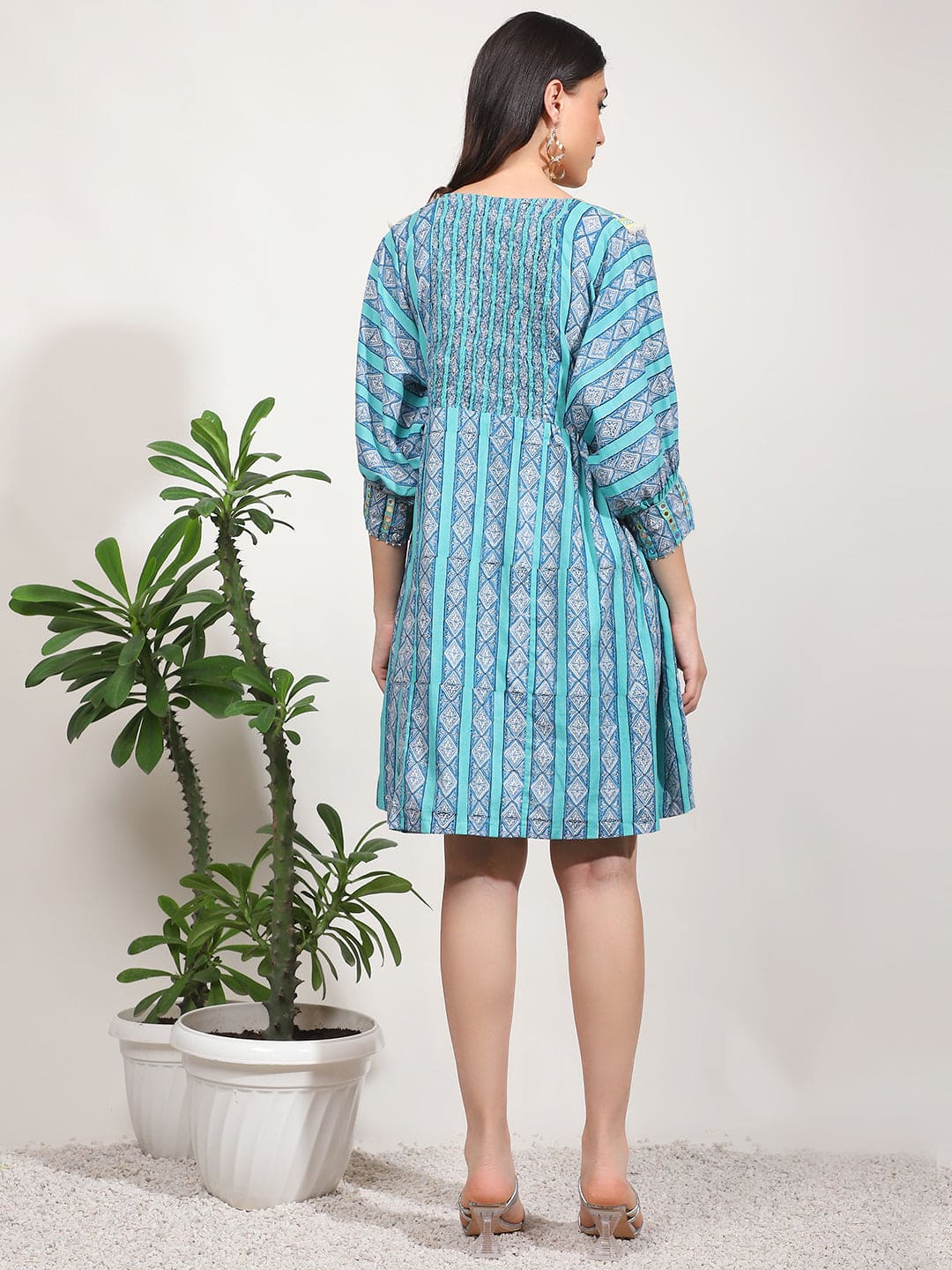 Embroidered Mirror Work Dress - Light Blue