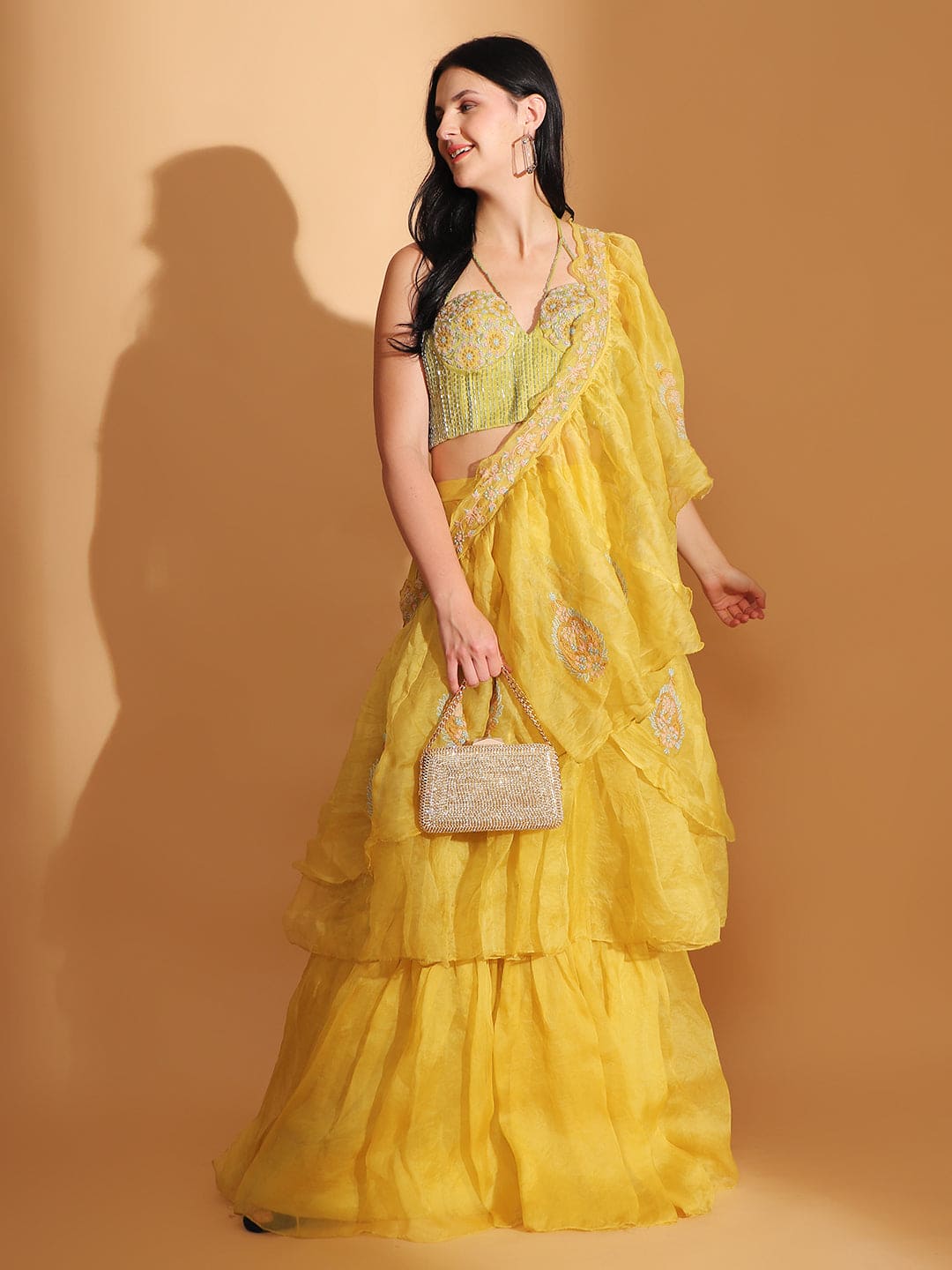 Off-Shoulder Corset Top & Cowl Drape Skirt - Yellow