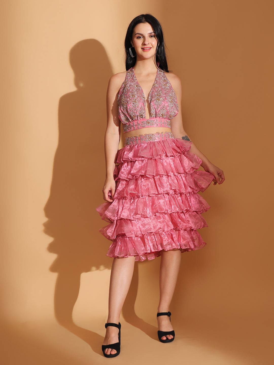 Zardozi Work Top With Skirt - Pink