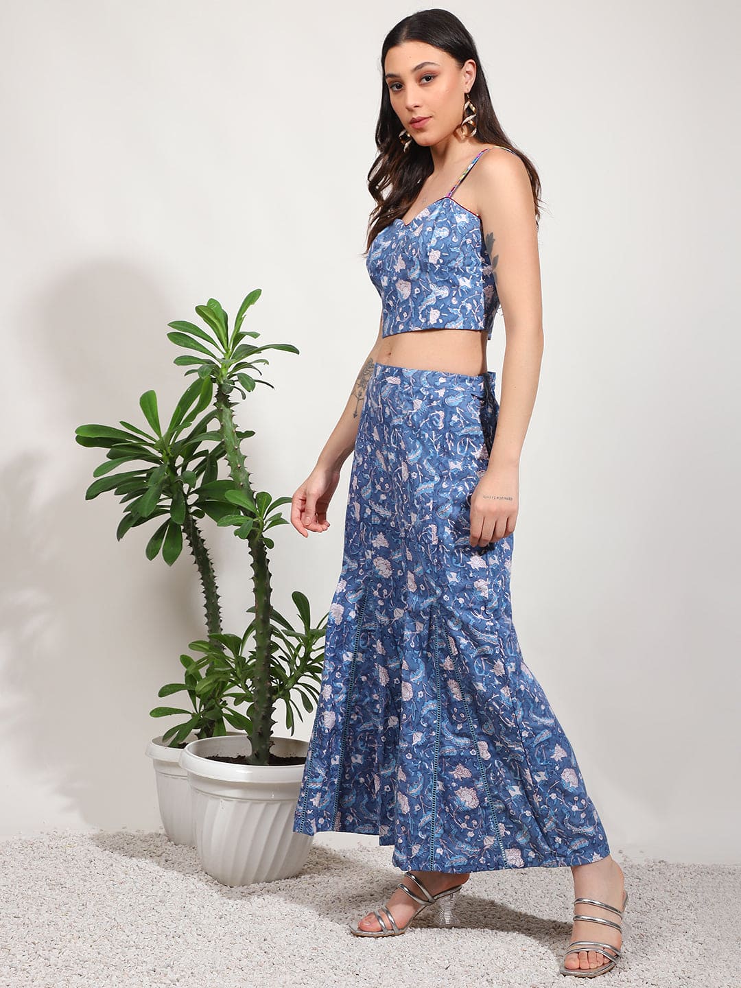 Embroidered Mirror Work Crop Top With Overley Jacket - Blue