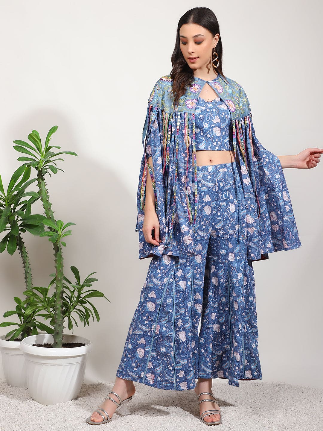 Embroidered Mirror Work Crop Top With Overley Jacket - Blue