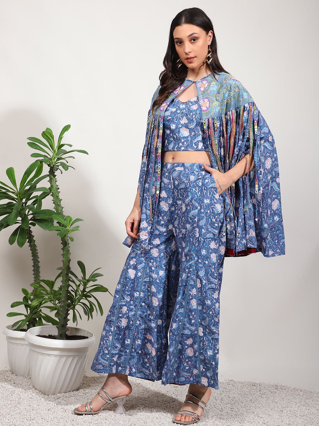 Embroidered Mirror Work Crop Top With Overley Jacket - Blue