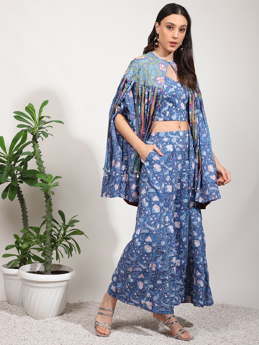 Embroidered Mirror Work Crop Top With Overley Jacket - Blue