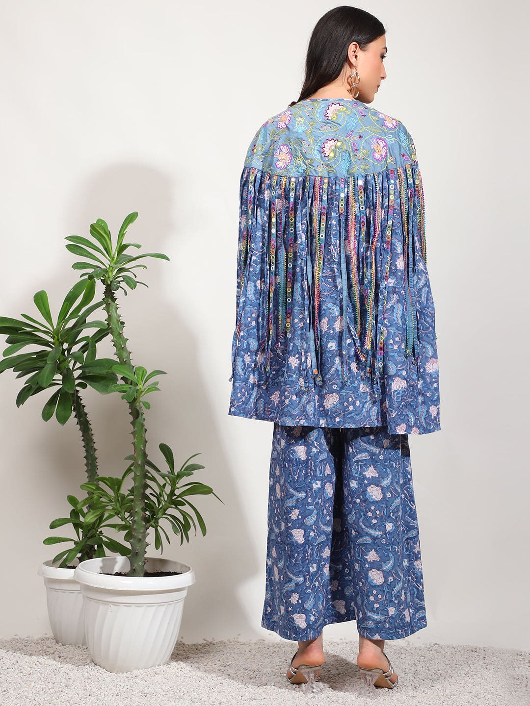 Embroidered Mirror Work Crop Top With Overley Jacket - Blue