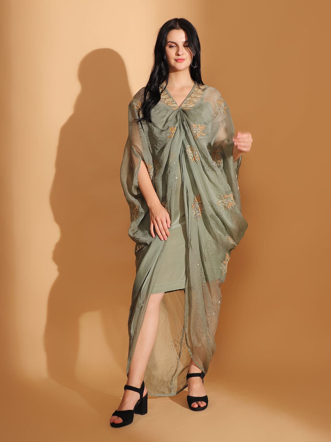 Cowl Chikankari Dress - Dusty Green