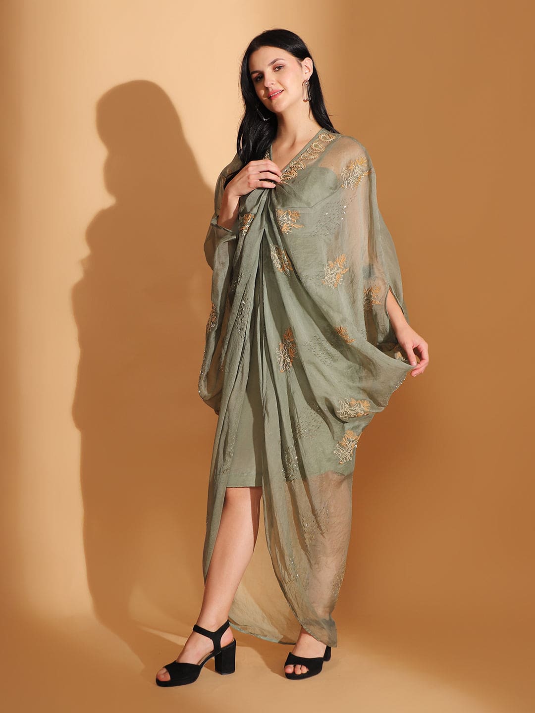 Cowl Chikankari Dress - Dusty Green