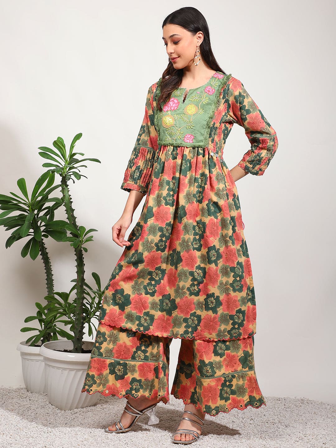 Embroidered Mirror Work Kurta Set - Green