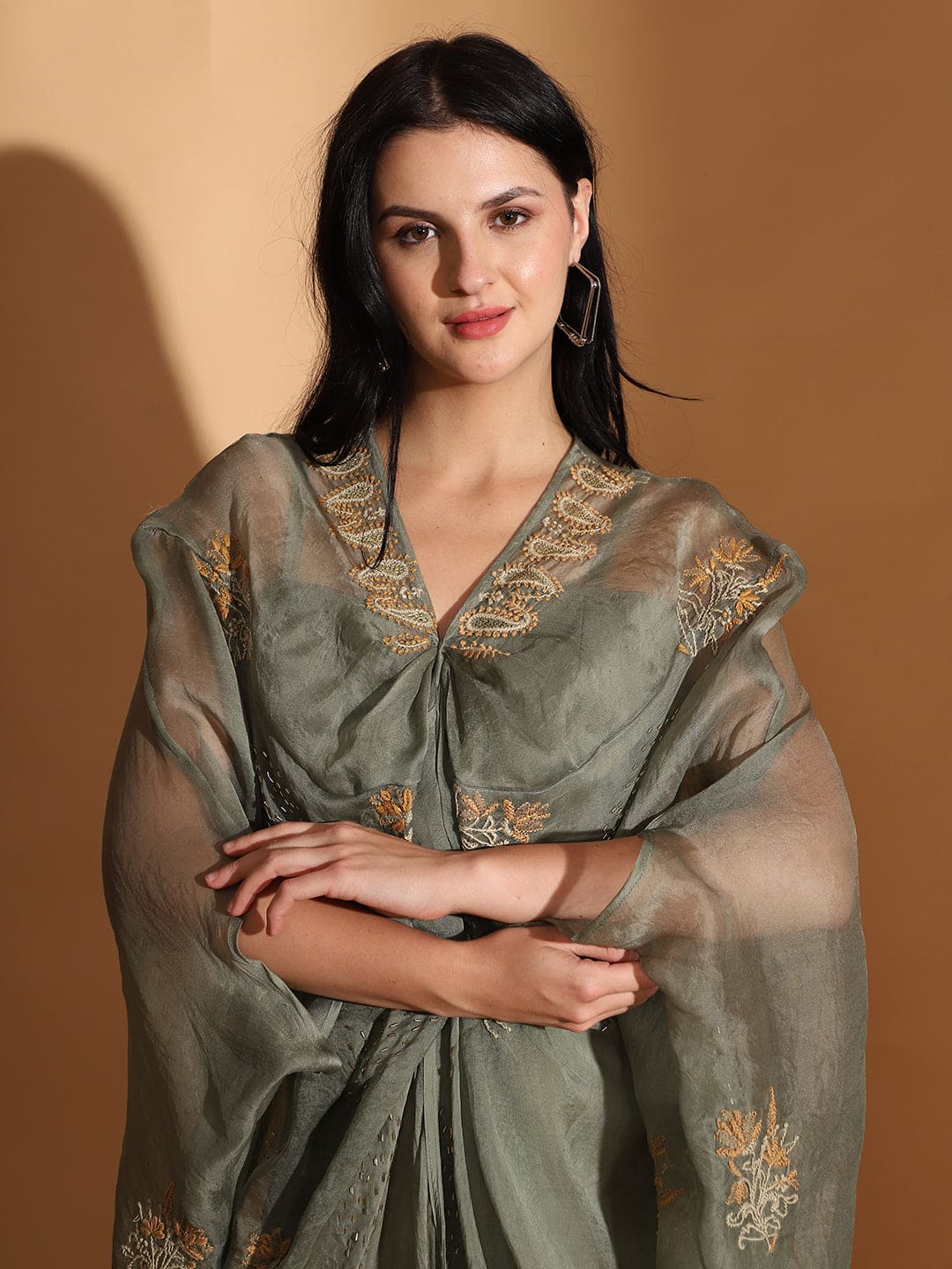 Cowl Chikankari Dress - Dusty Green
