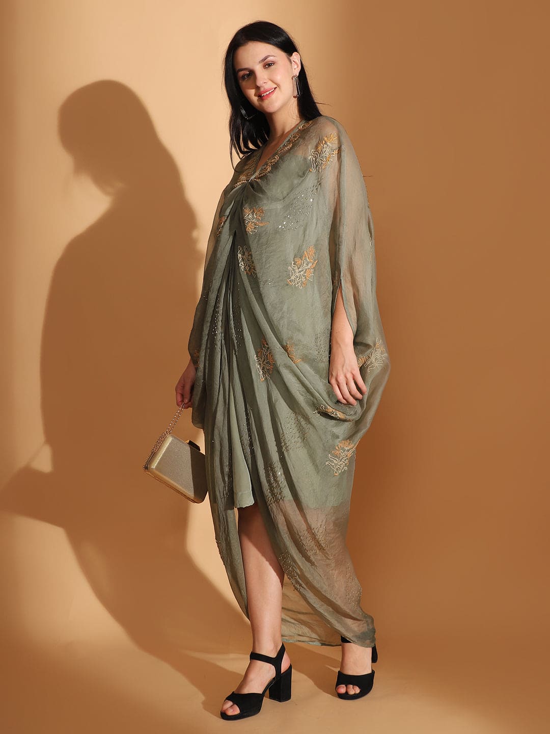 Cowl Chikankari Dress - Dusty Green