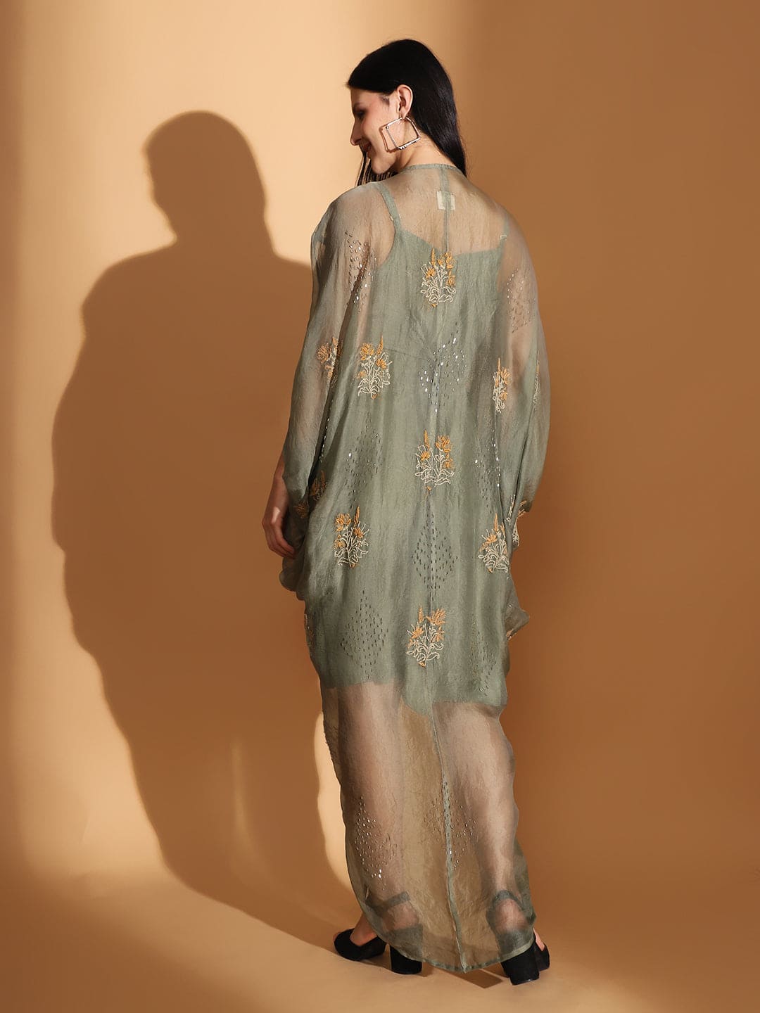 Cowl Chikankari Dress - Dusty Green