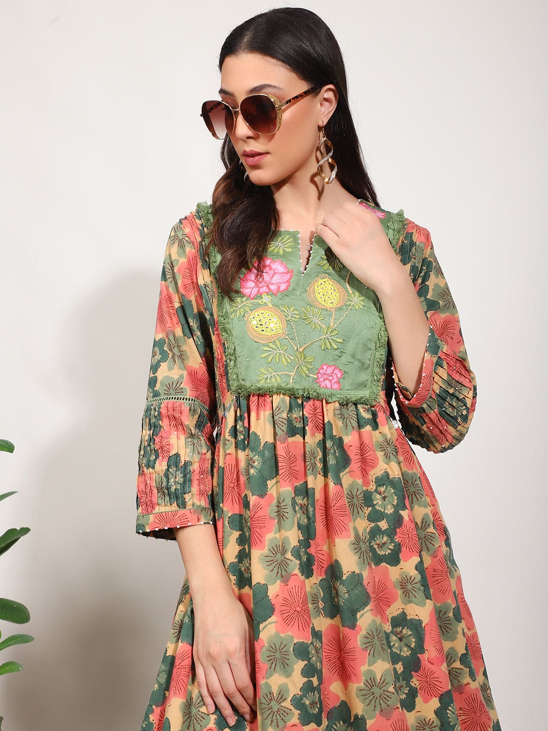 Embroidered Mirror Work Kurta Set - Green