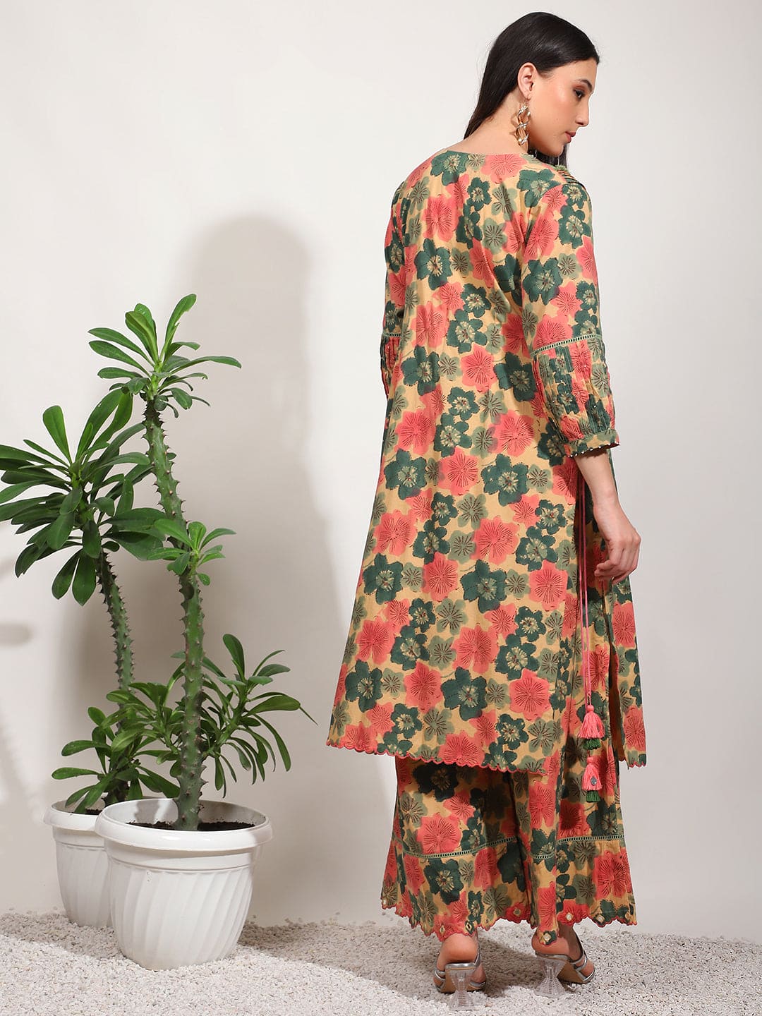 Embroidered Mirror Work Kurta Set - Green