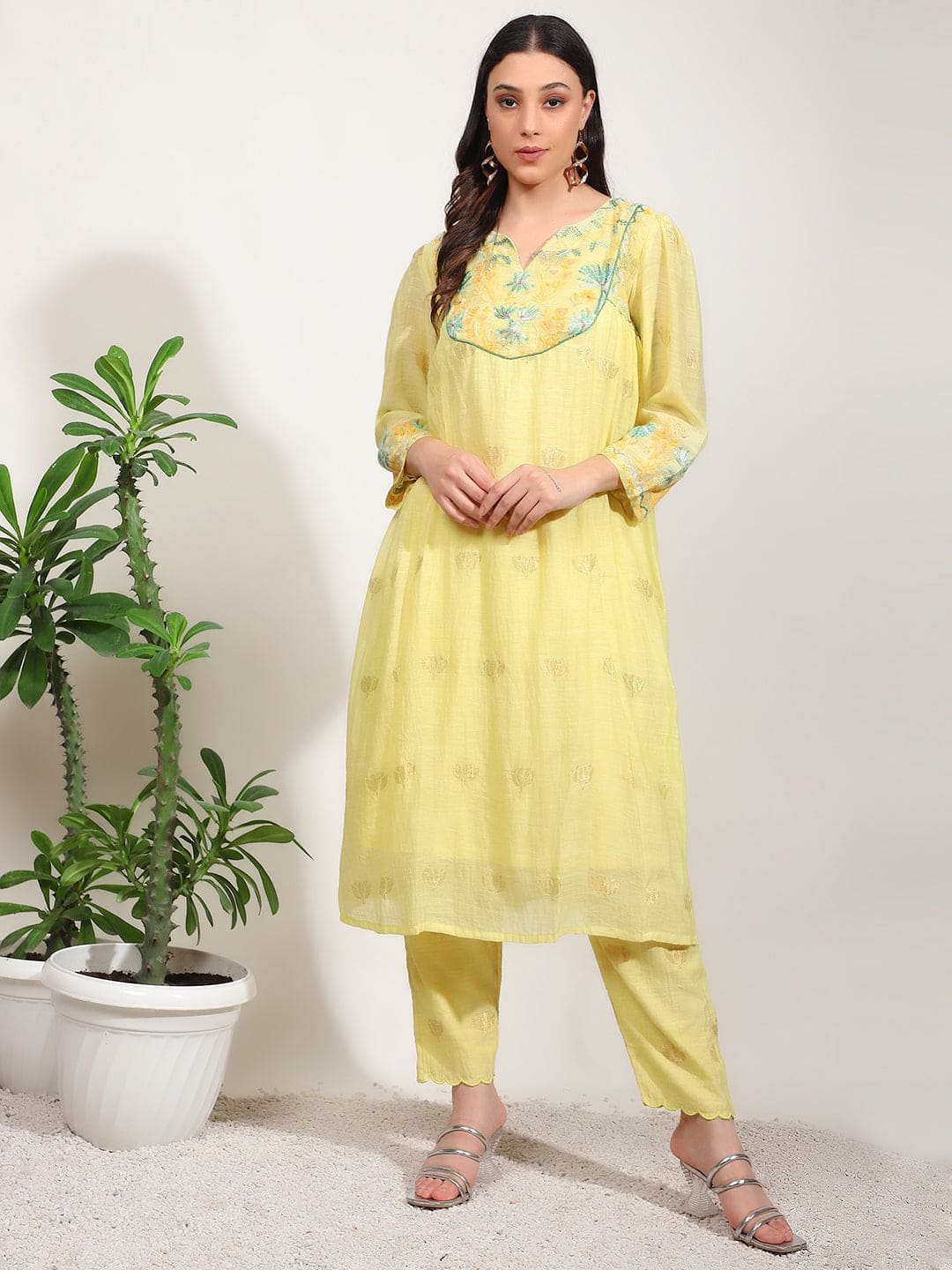Chikankari Women Kurta Set - Yellow