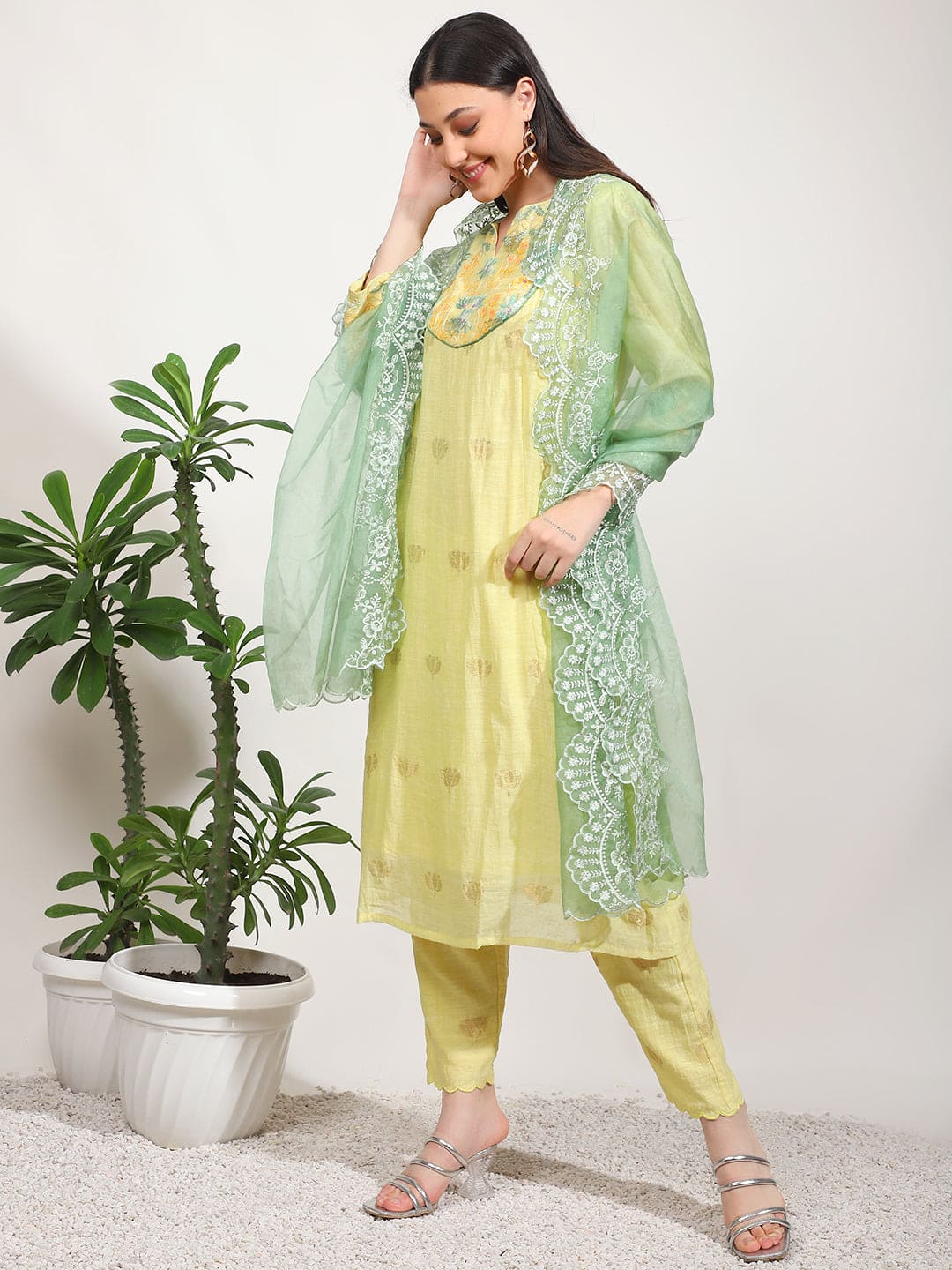 Chikankari Women Kurta Set - Yellow
