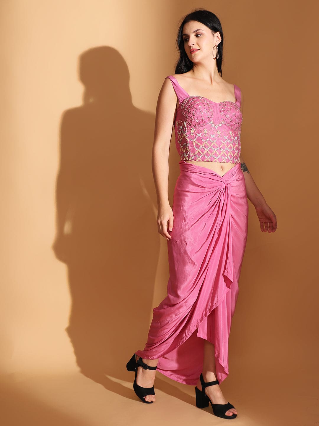 Embroidered Long Cape with Drape Skirt & Corset Top - Pink
