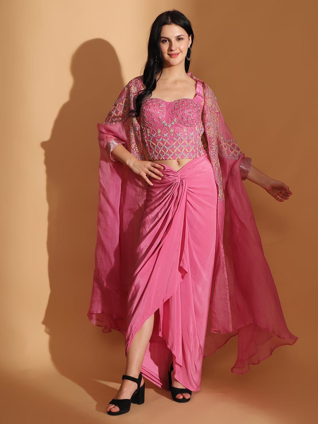 Embroidered Long Cape with Drape Skirt & Corset Top - Pink