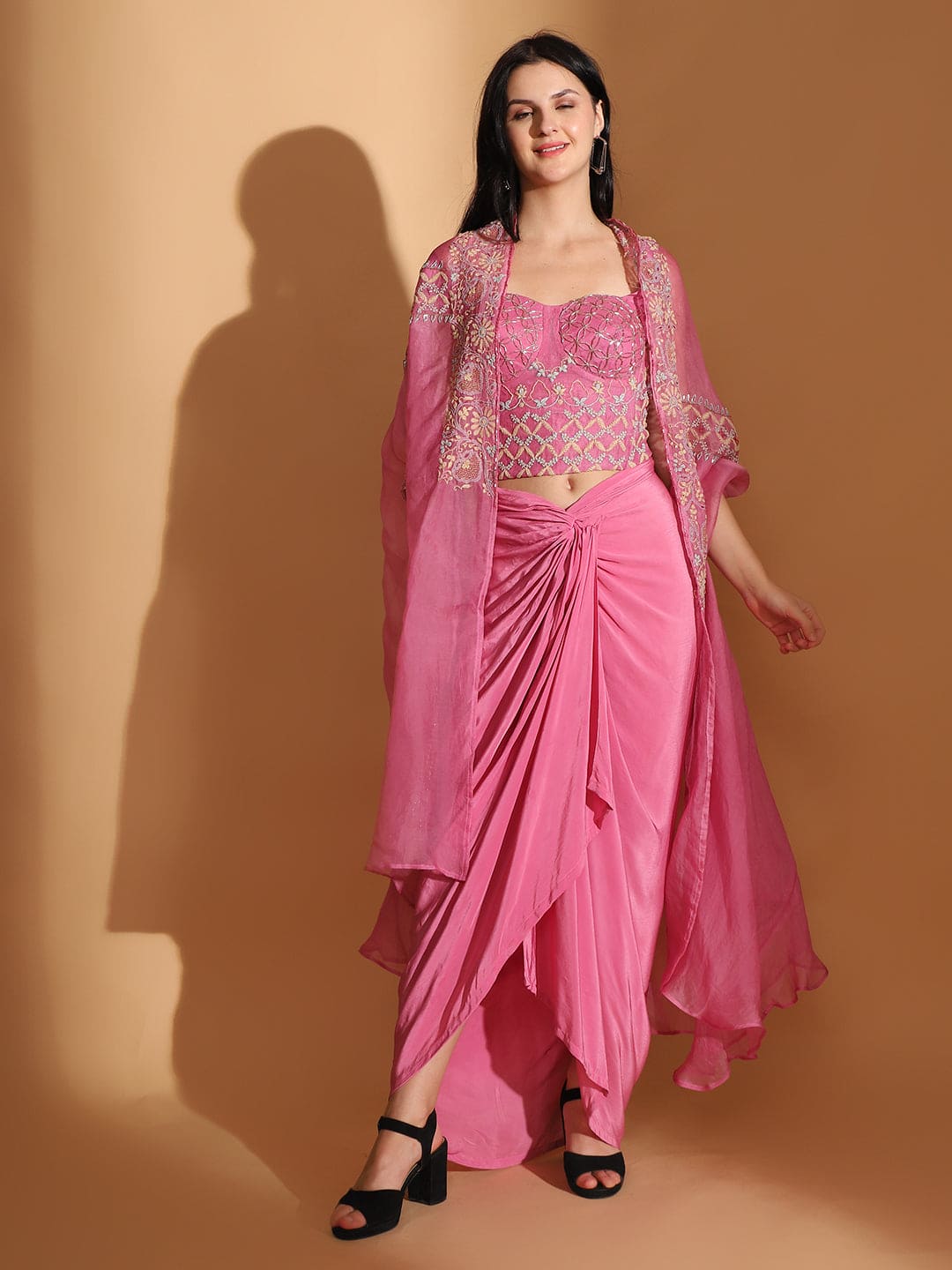 Embroidered Long Cape with Drape Skirt & Corset Top - Pink