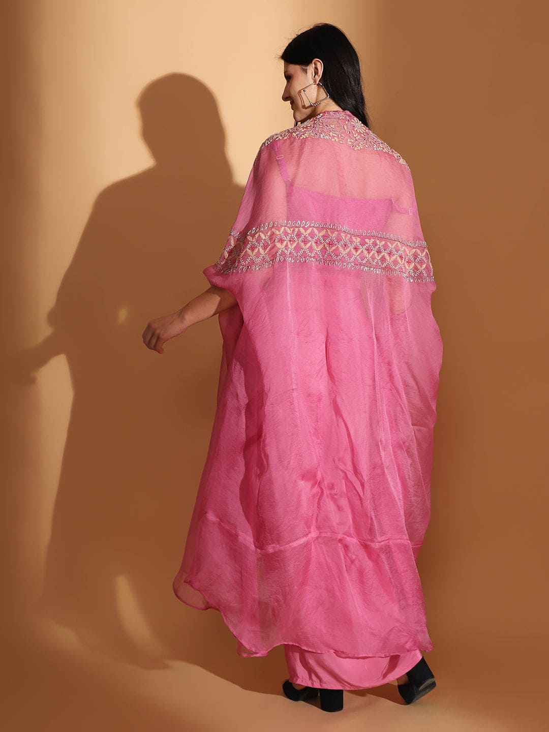 Embroidered Long Cape with Drape Skirt & Corset Top - Pink