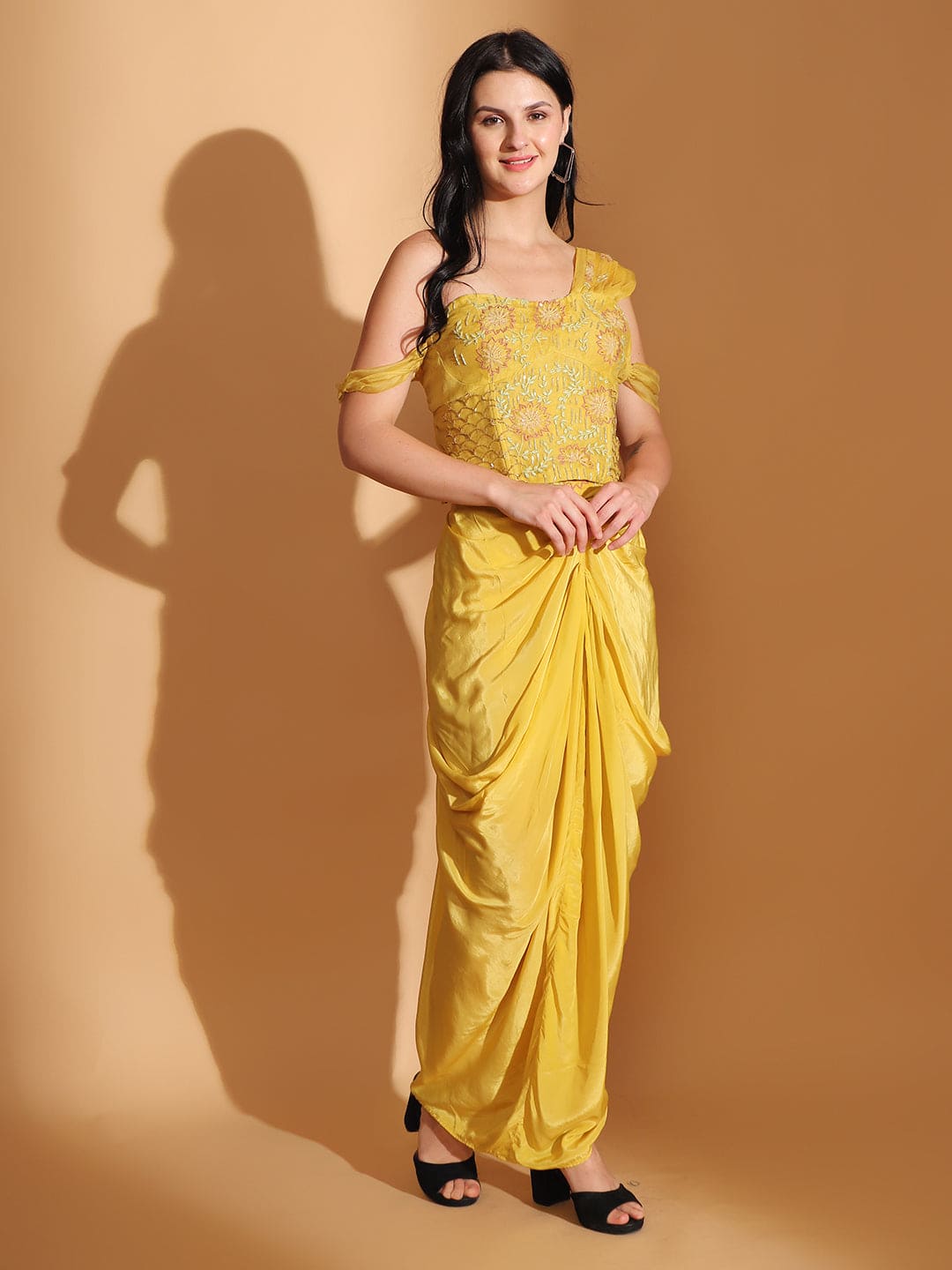 Off-Shoulder Corset Top & Cowl Drape Skirt - Yellow