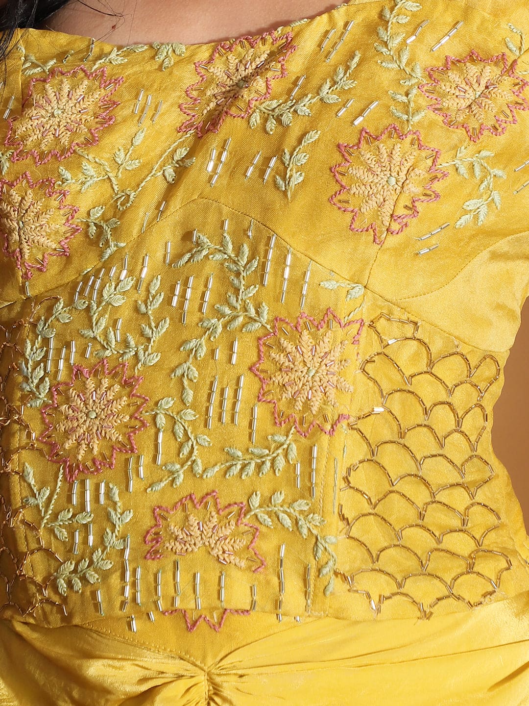 Off-Shoulder Corset Top & Cowl Drape Skirt - Yellow