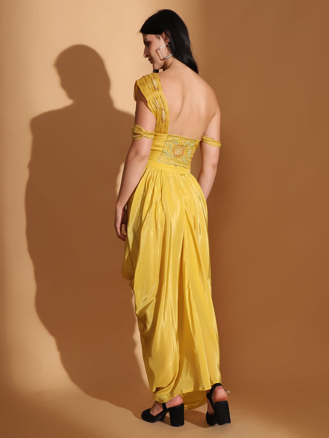 Off-Shoulder Corset Top & Cowl Drape Skirt - Yellow