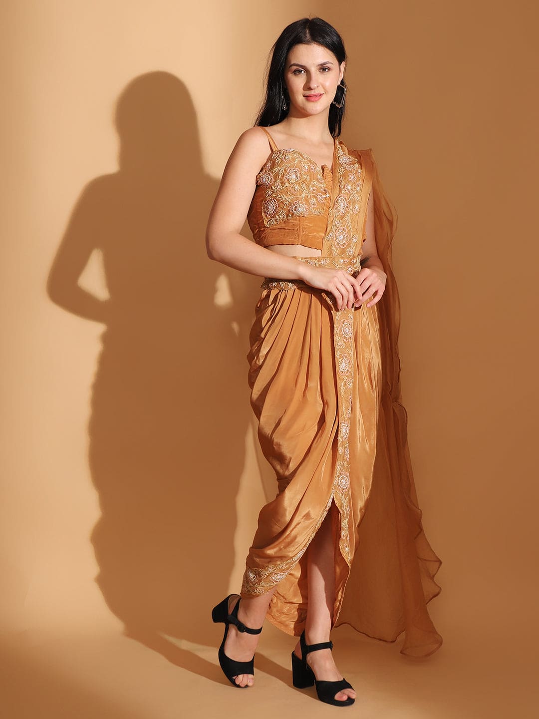 Embroidered Co-ord set with Long Shrug - Pastel Orange