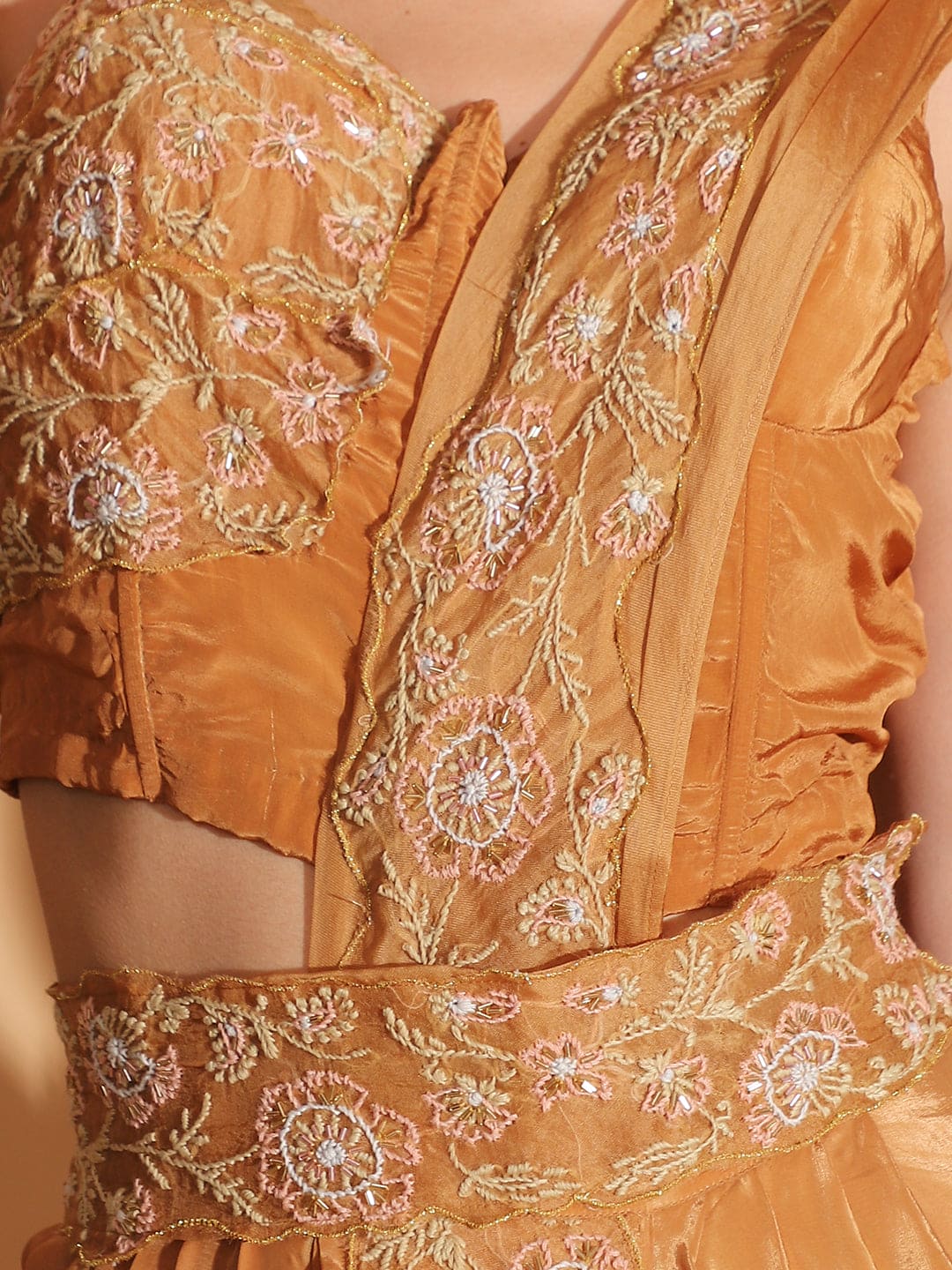 Embroidered Co-ord set with Long Shrug - Pastel Orange