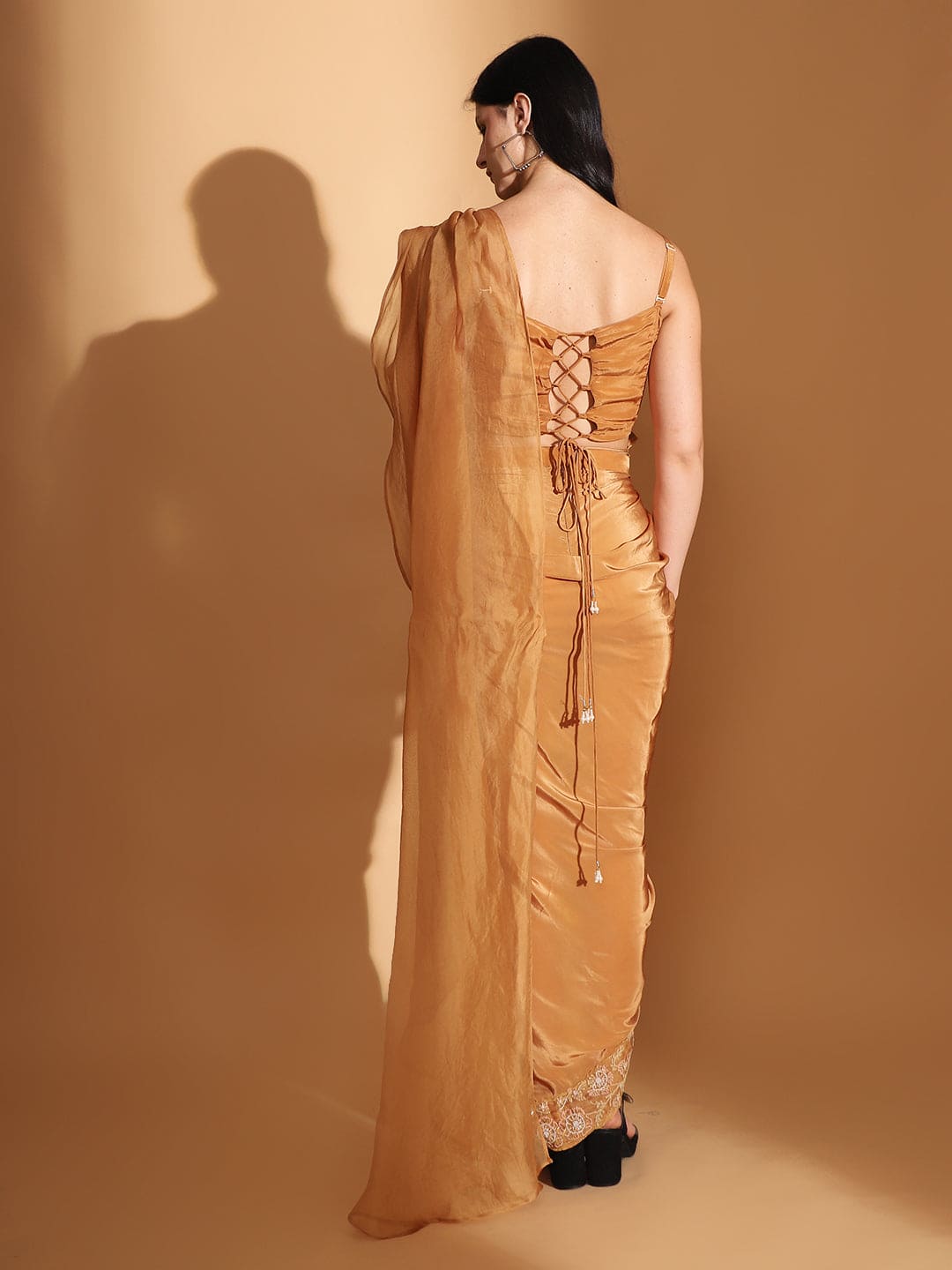 Embroidered Co-ord set with Long Shrug - Pastel Orange