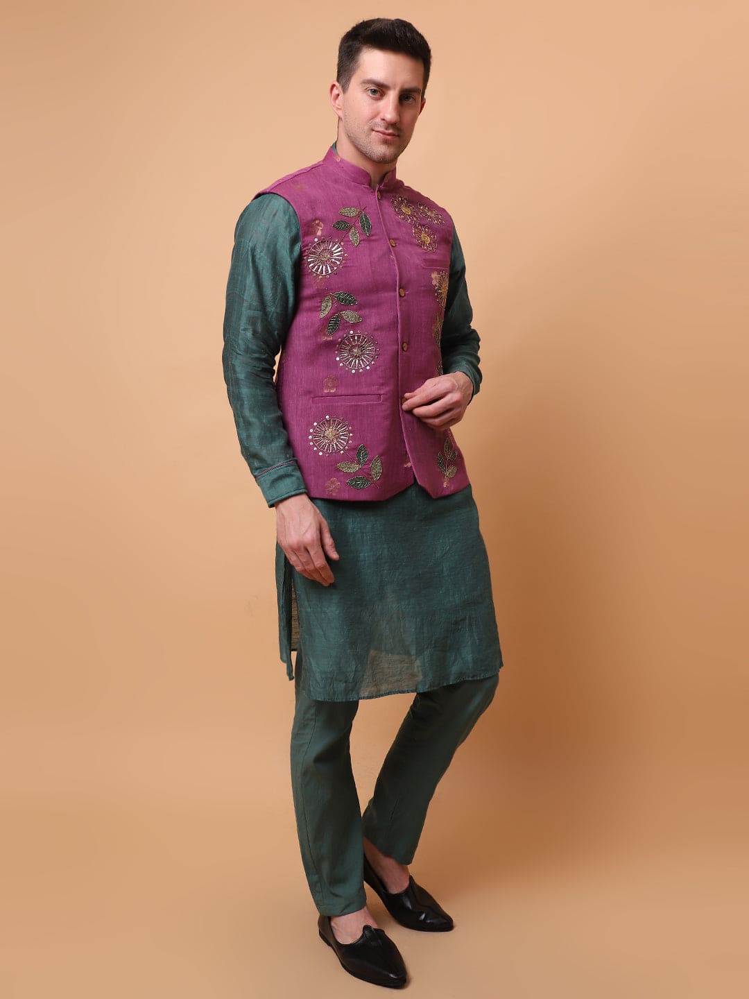 Aari Zardozi & Patch Work Men Kurta Set - Green