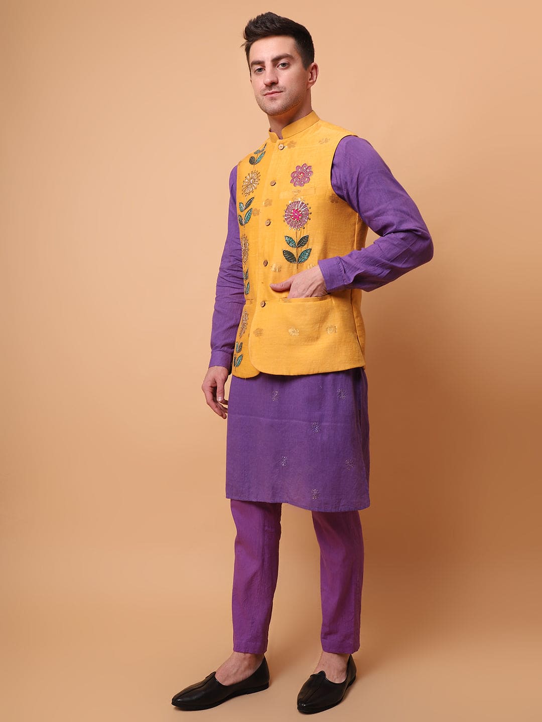 Aari Zardozi & Patch Work Men Kurta Set - Purple