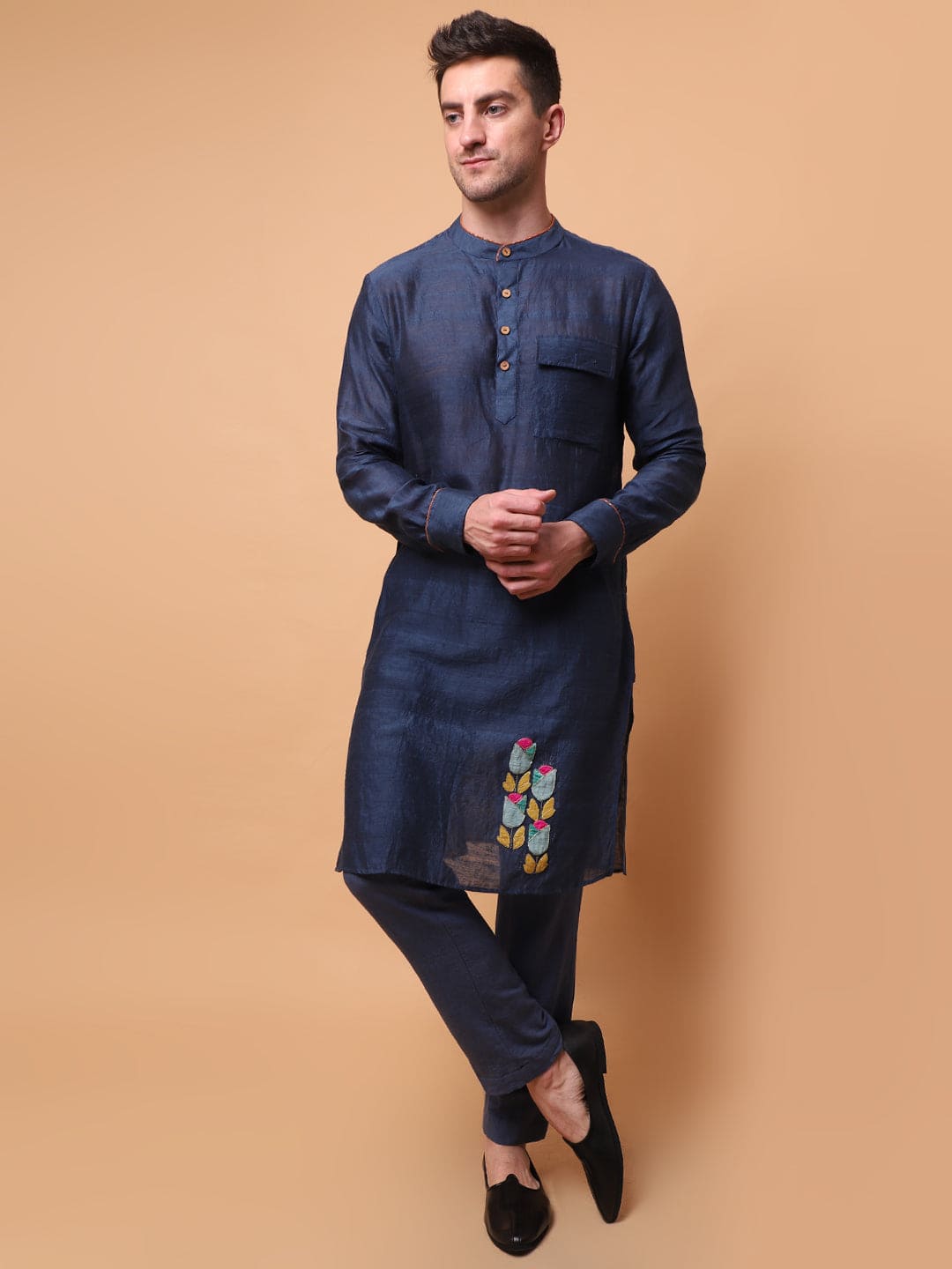 Zardozi & Patch Work Men Kurta Set - Blue