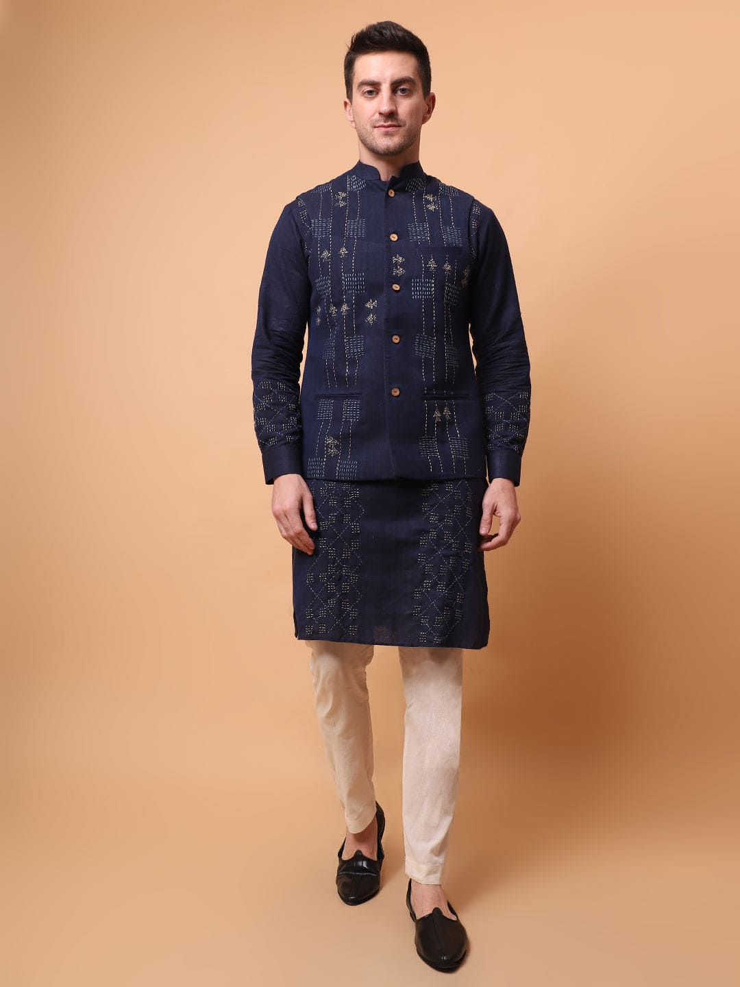 Kantha Work Men Kurta Set - Navy Blue