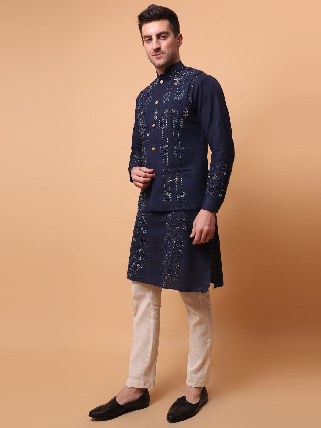 Kantha Work Men Kurta Set - Navy Blue