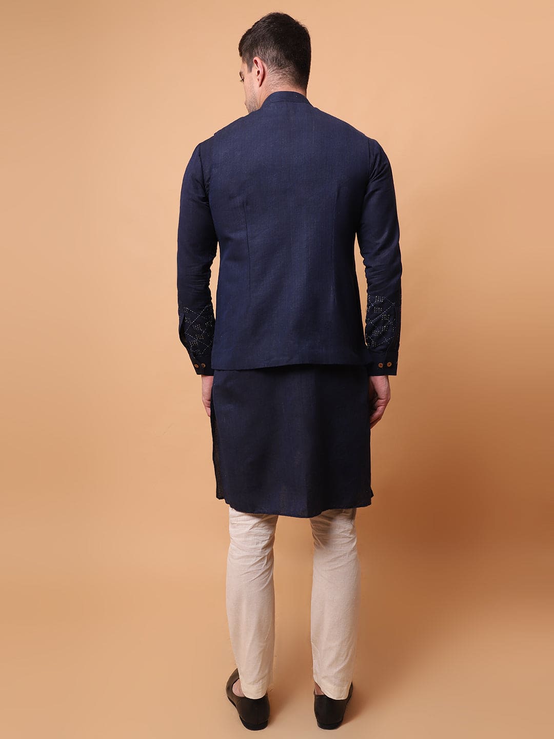 Kantha Work Men Kurta Set - Navy Blue