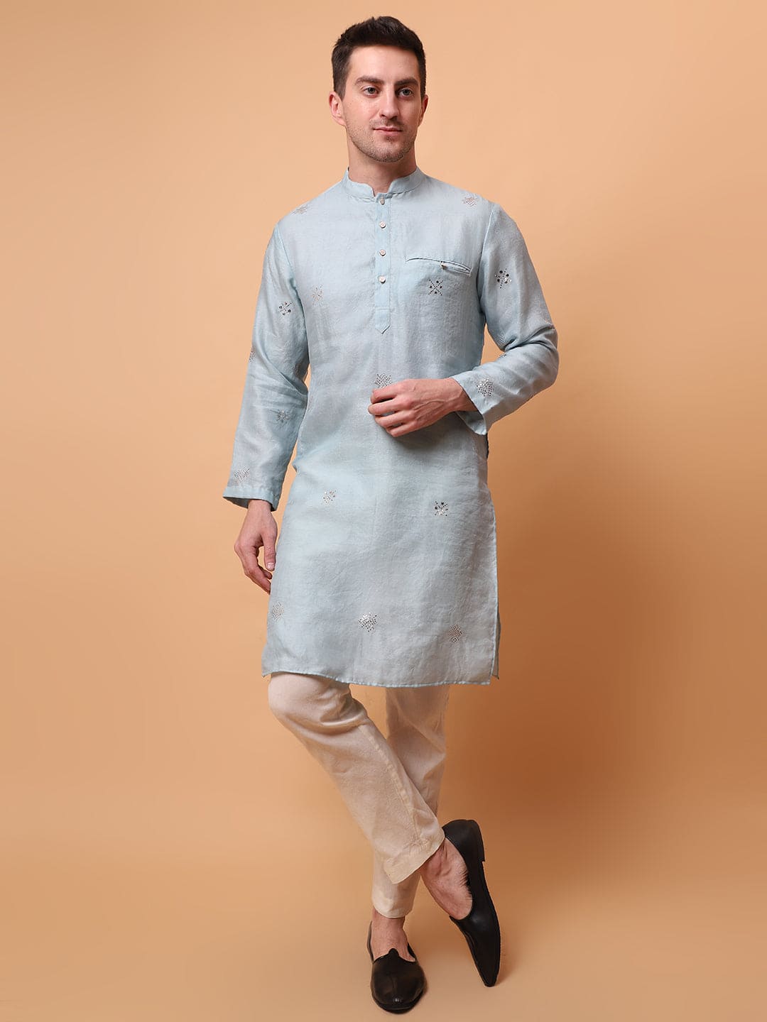 Muqaish Work Men Kurta Set -Sky Blue