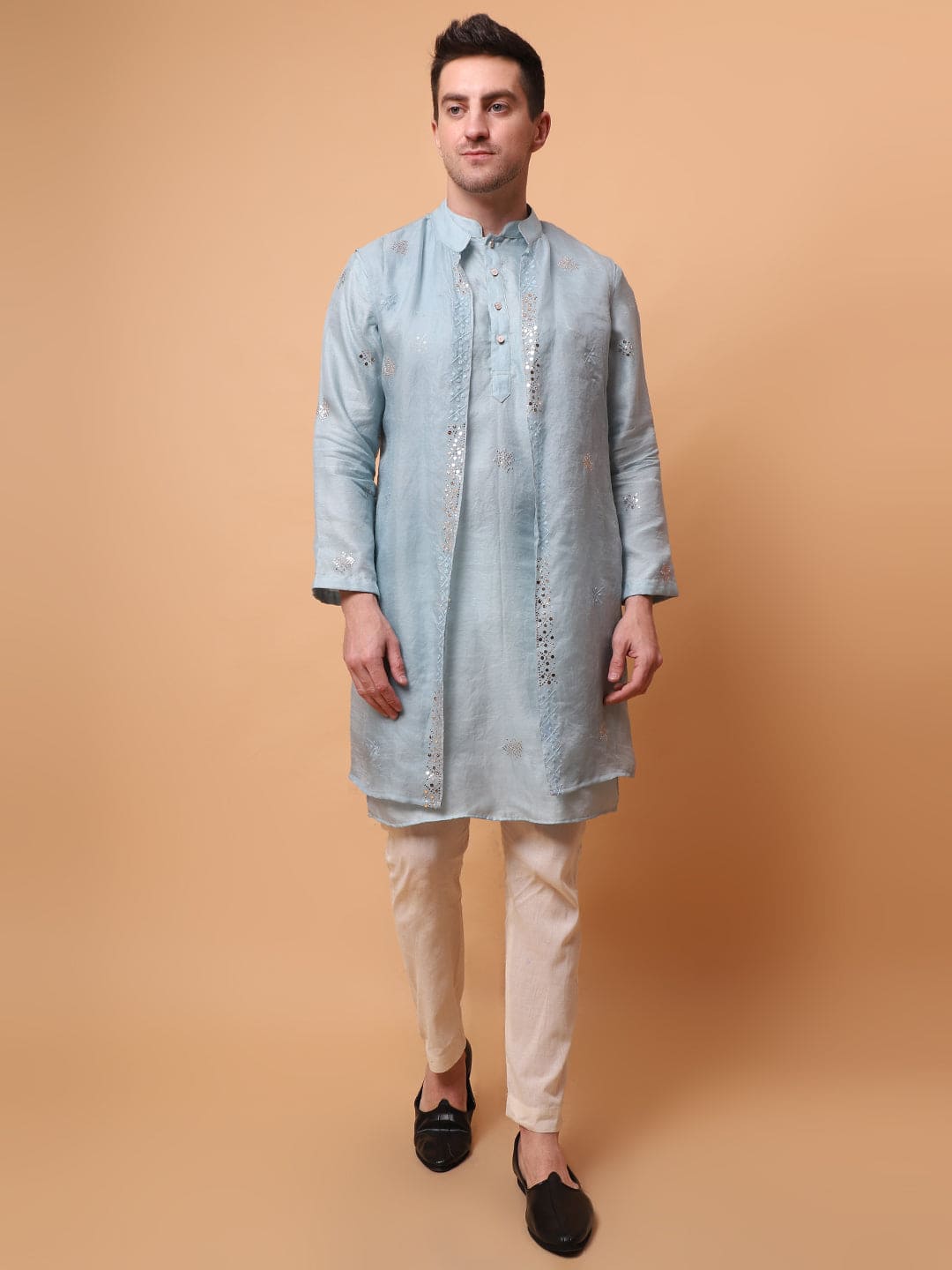Muqaish Work Men Kurta Set -Sky Blue