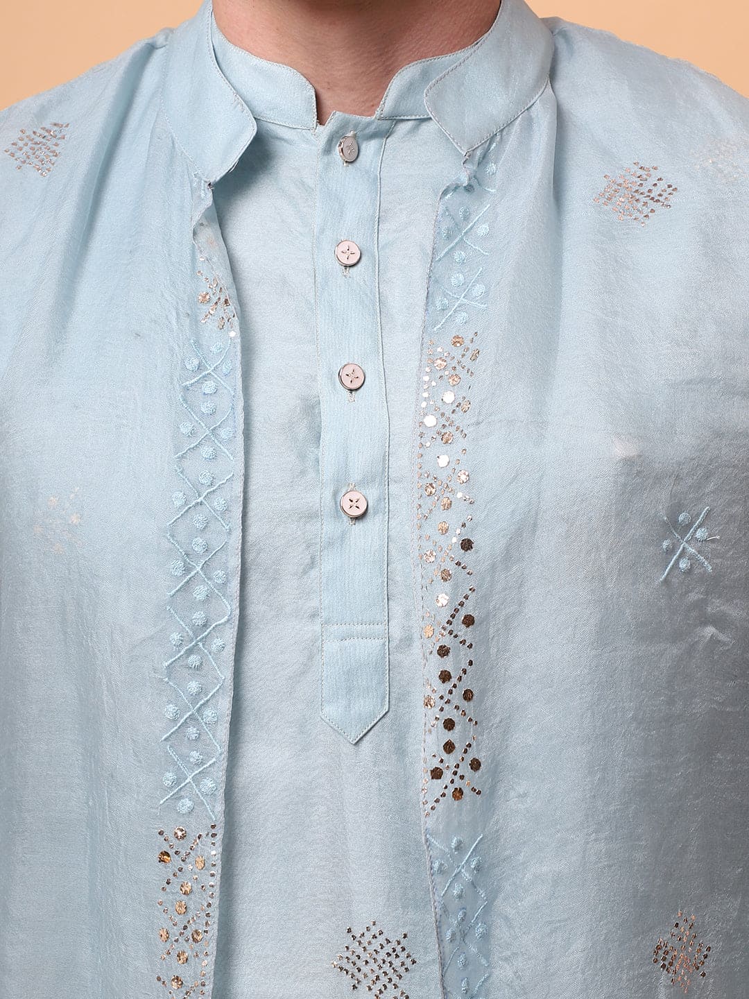 Muqaish Work Men Kurta Set -Sky Blue