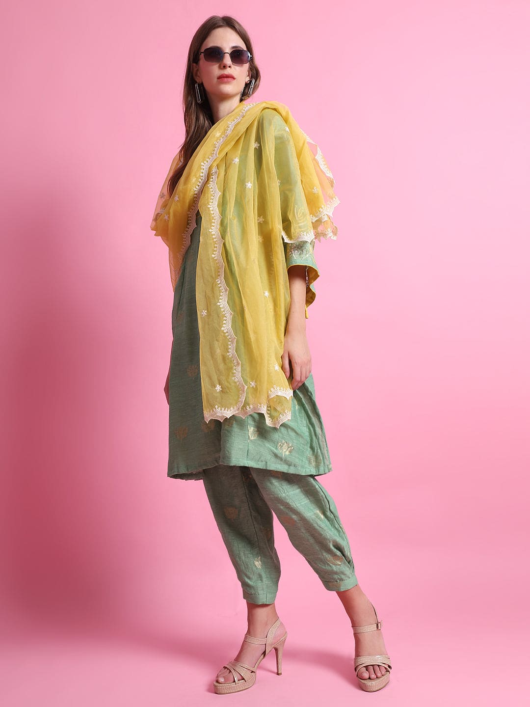 Chanderi Flower Kurta set - Green