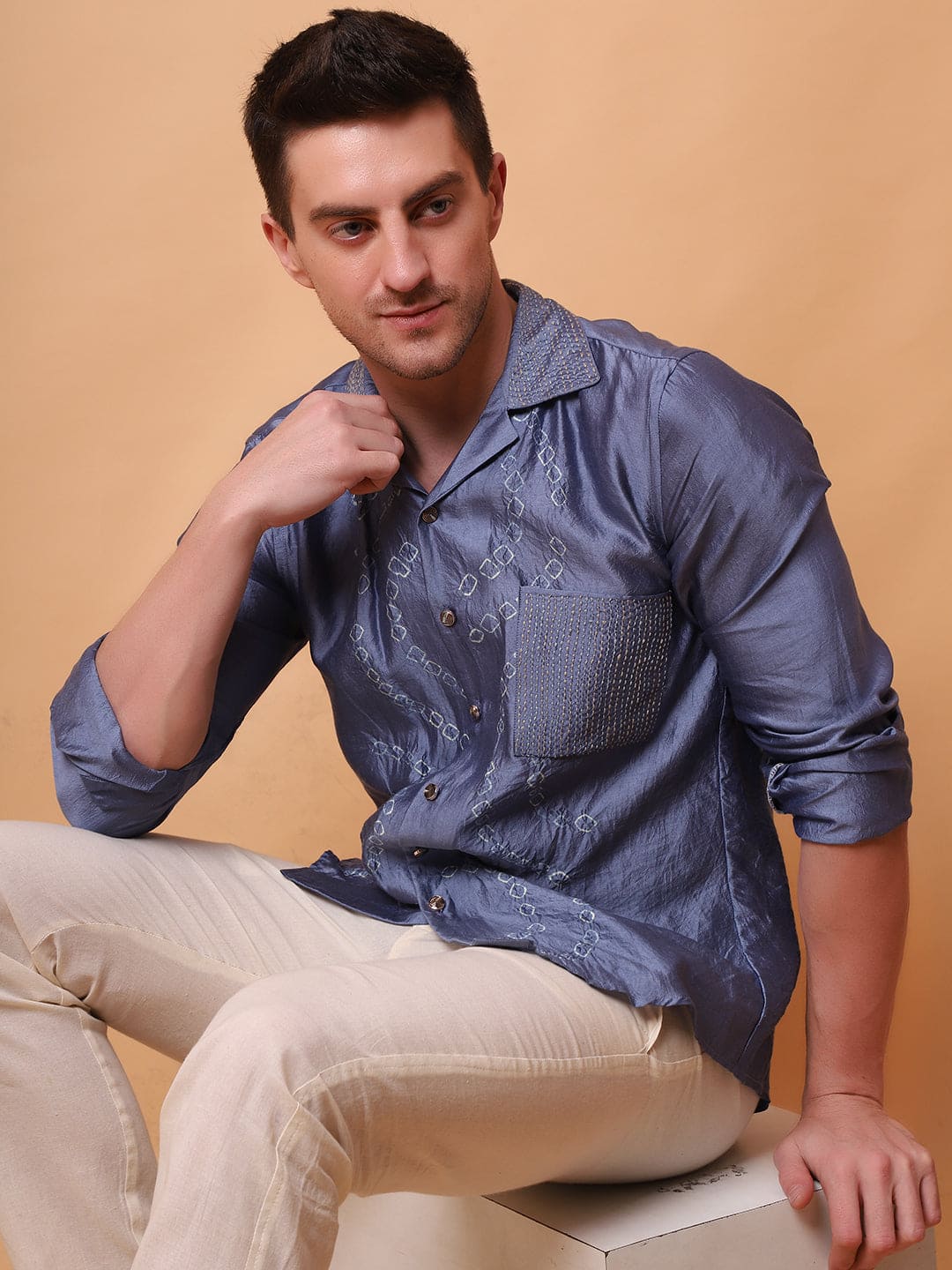 Kantha Work Men Shirt - Blue