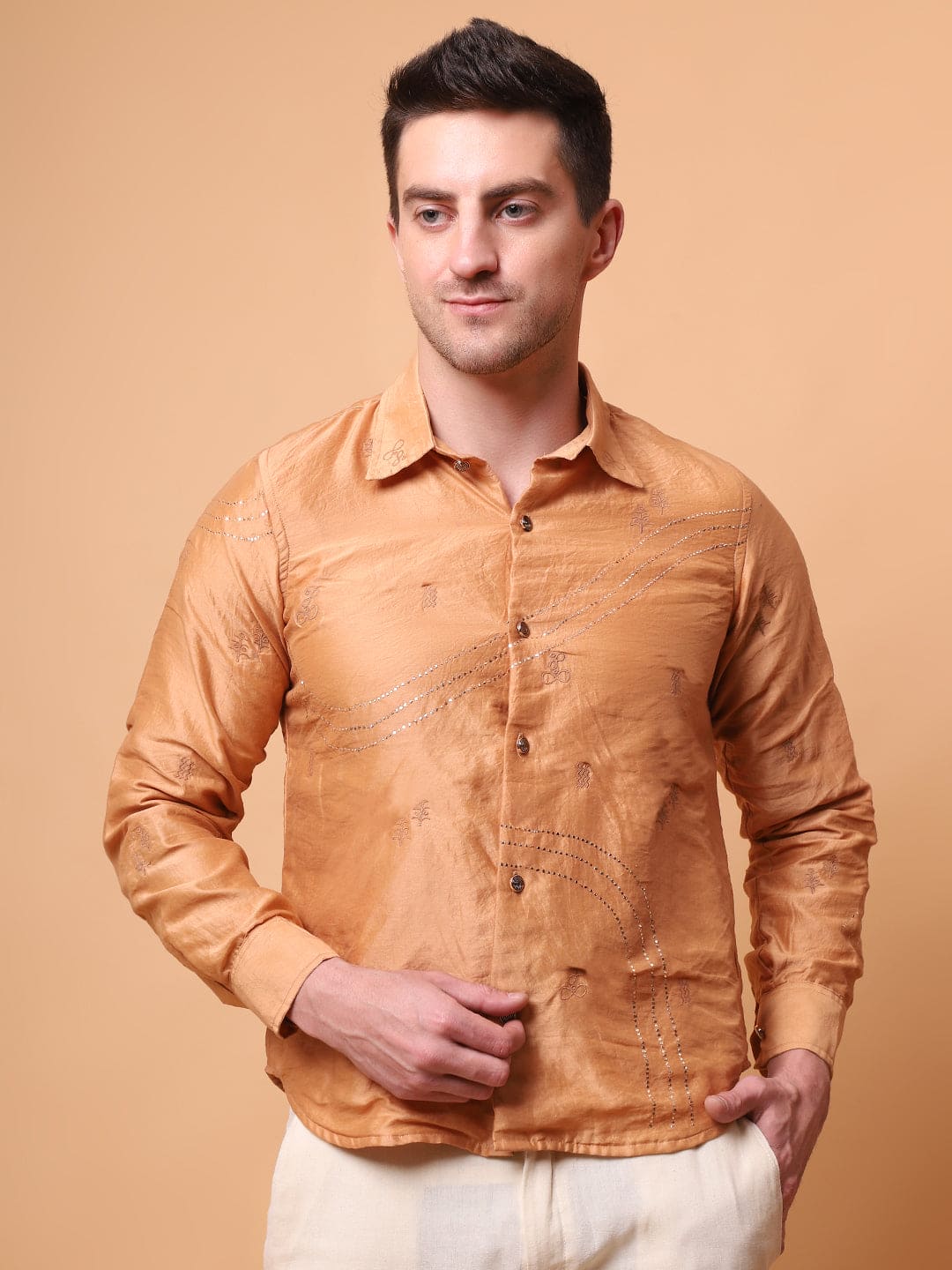 Muqaish Work Men Shirt -Beige