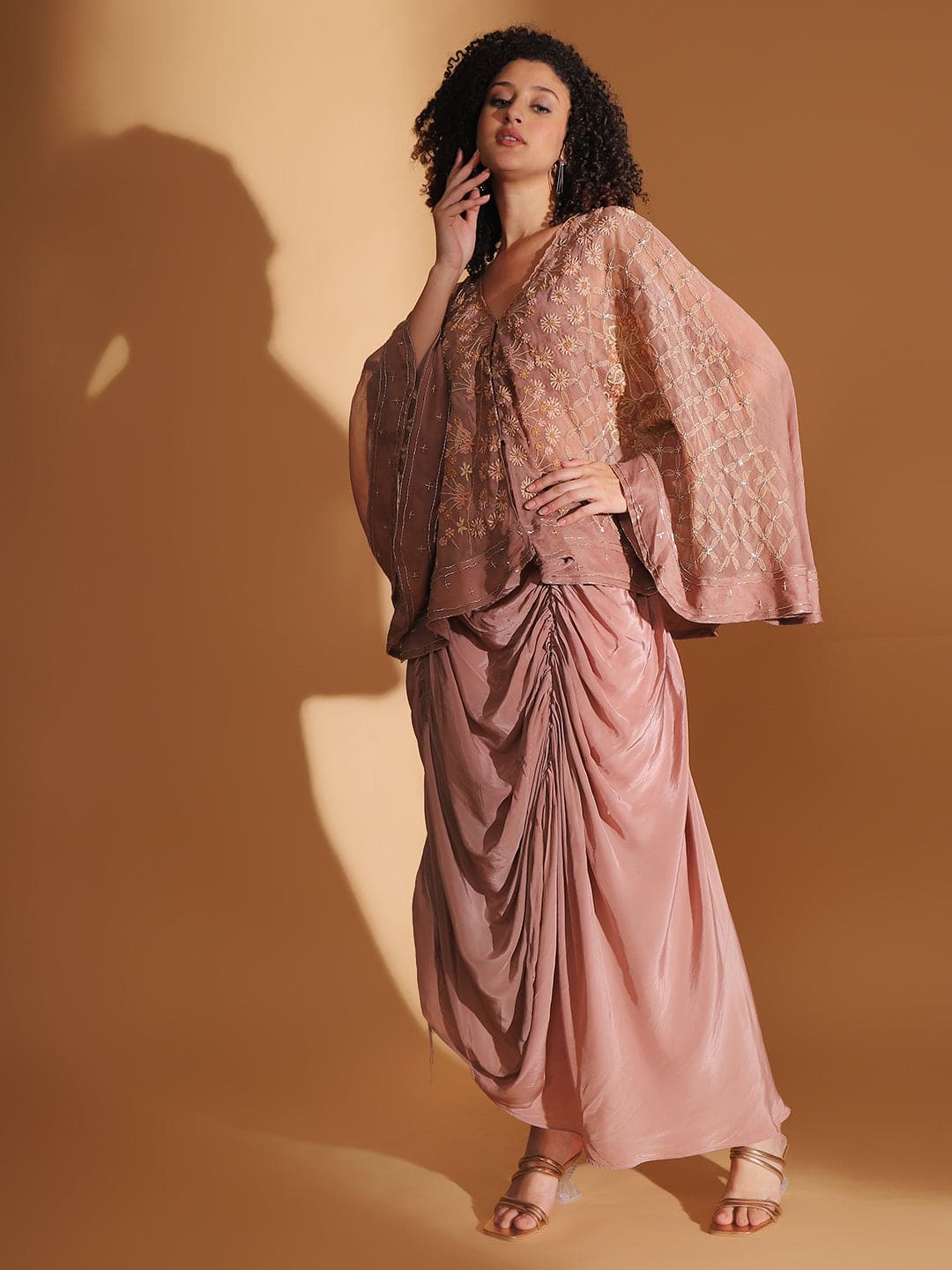 Circular Cape with Crepe Skirt - Brown