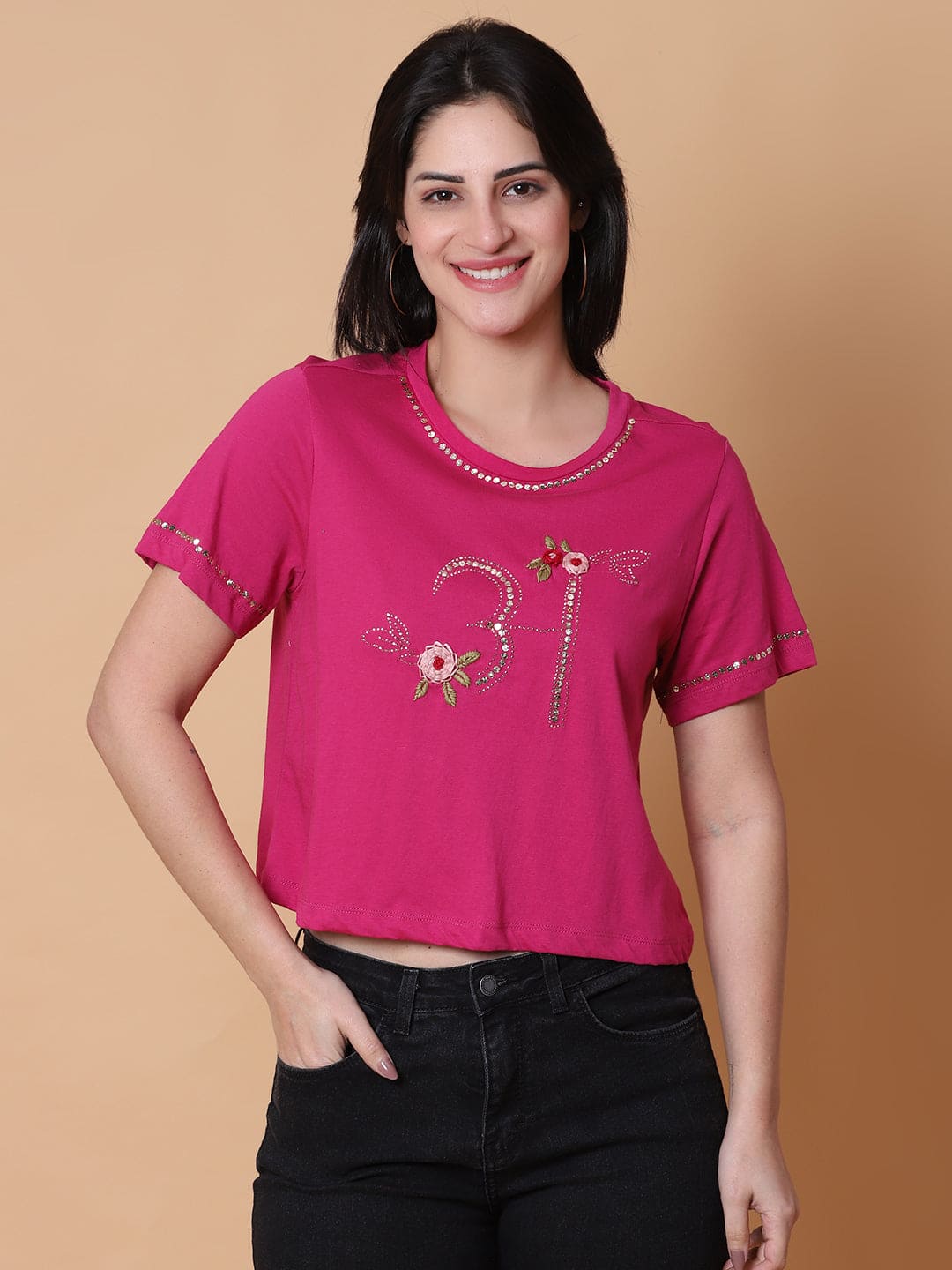 Mukaish Work T-shirt- Majenta