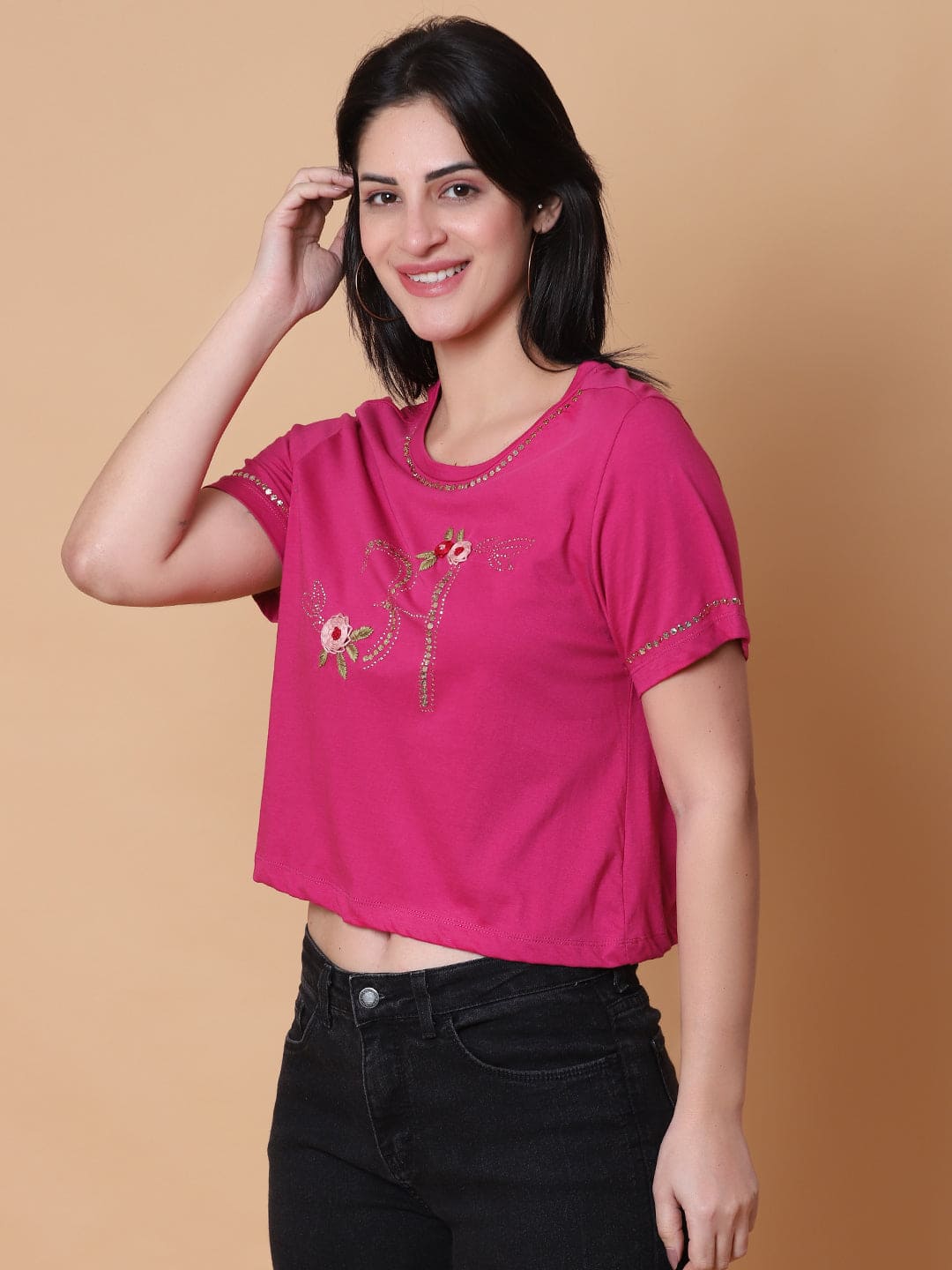 Mukaish Work T-shirt- Majenta