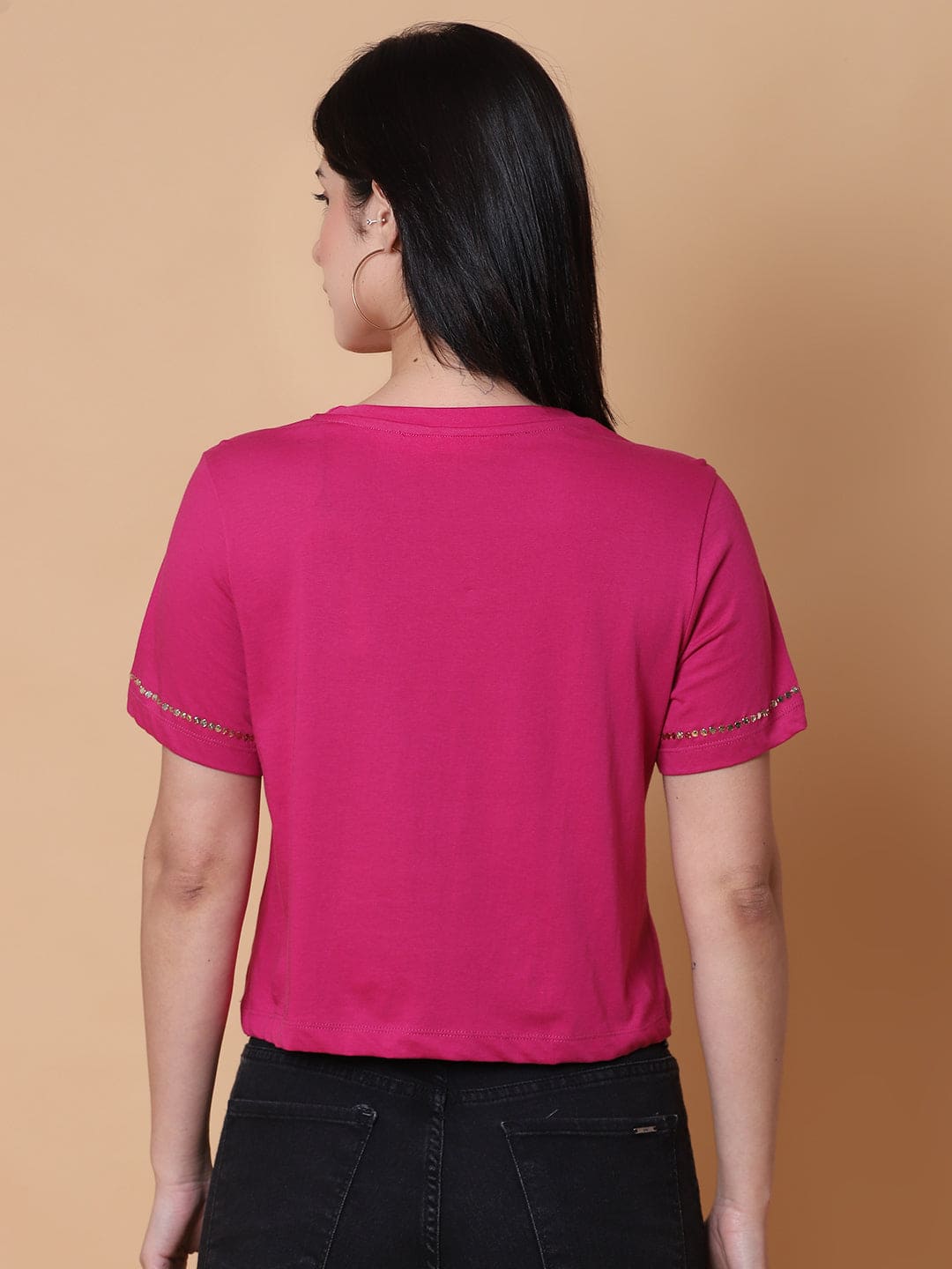 Mukaish Work T-shirt- Majenta