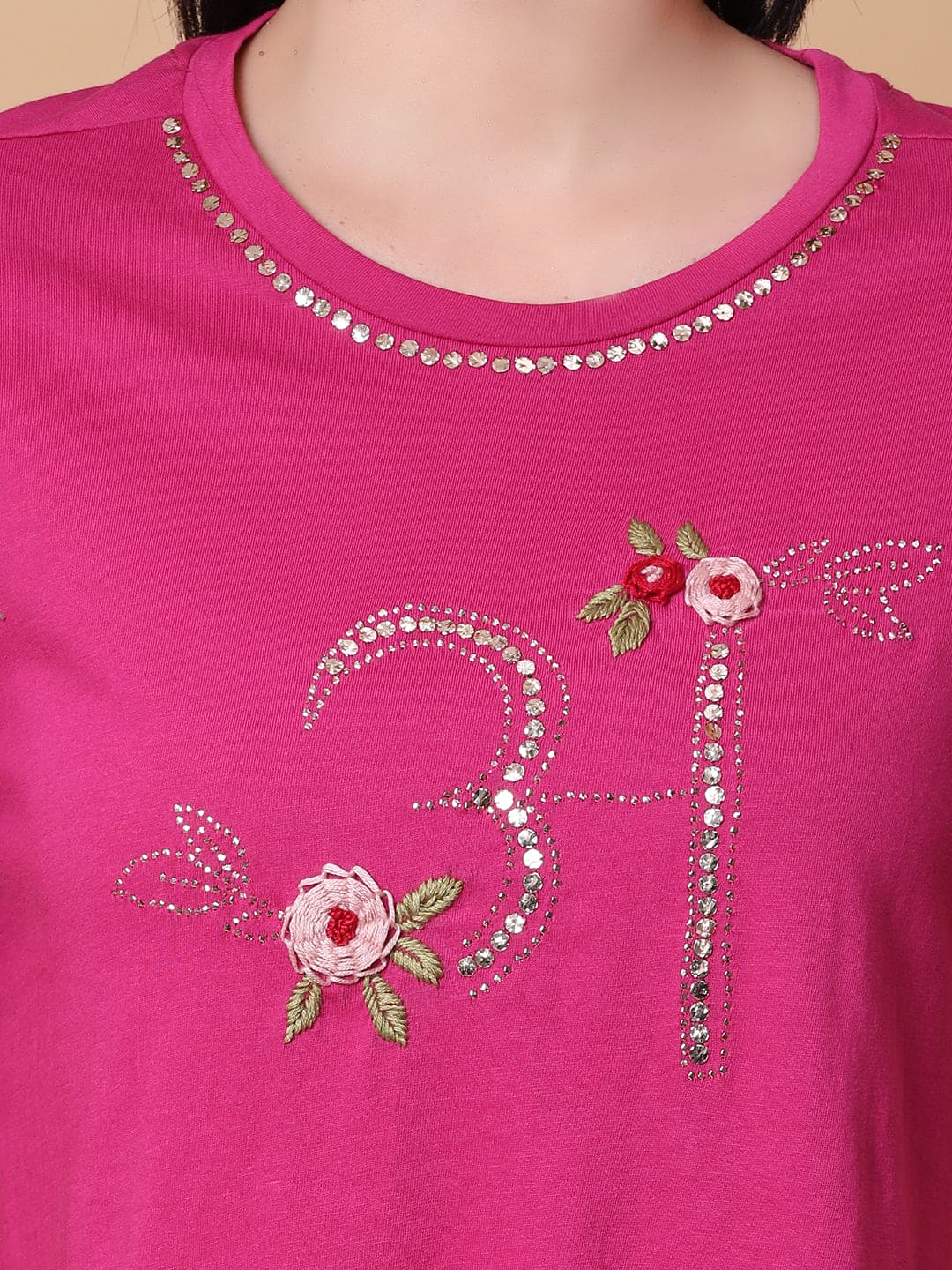 Mukaish Work T-shirt- Majenta