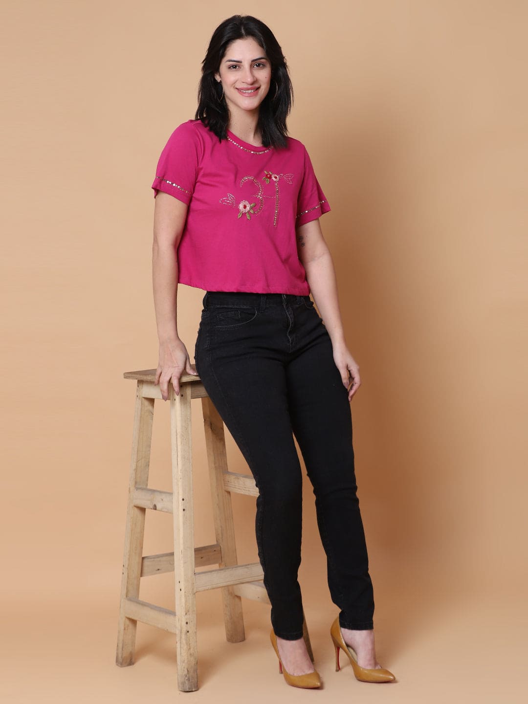 Mukaish Work T-shirt- Majenta