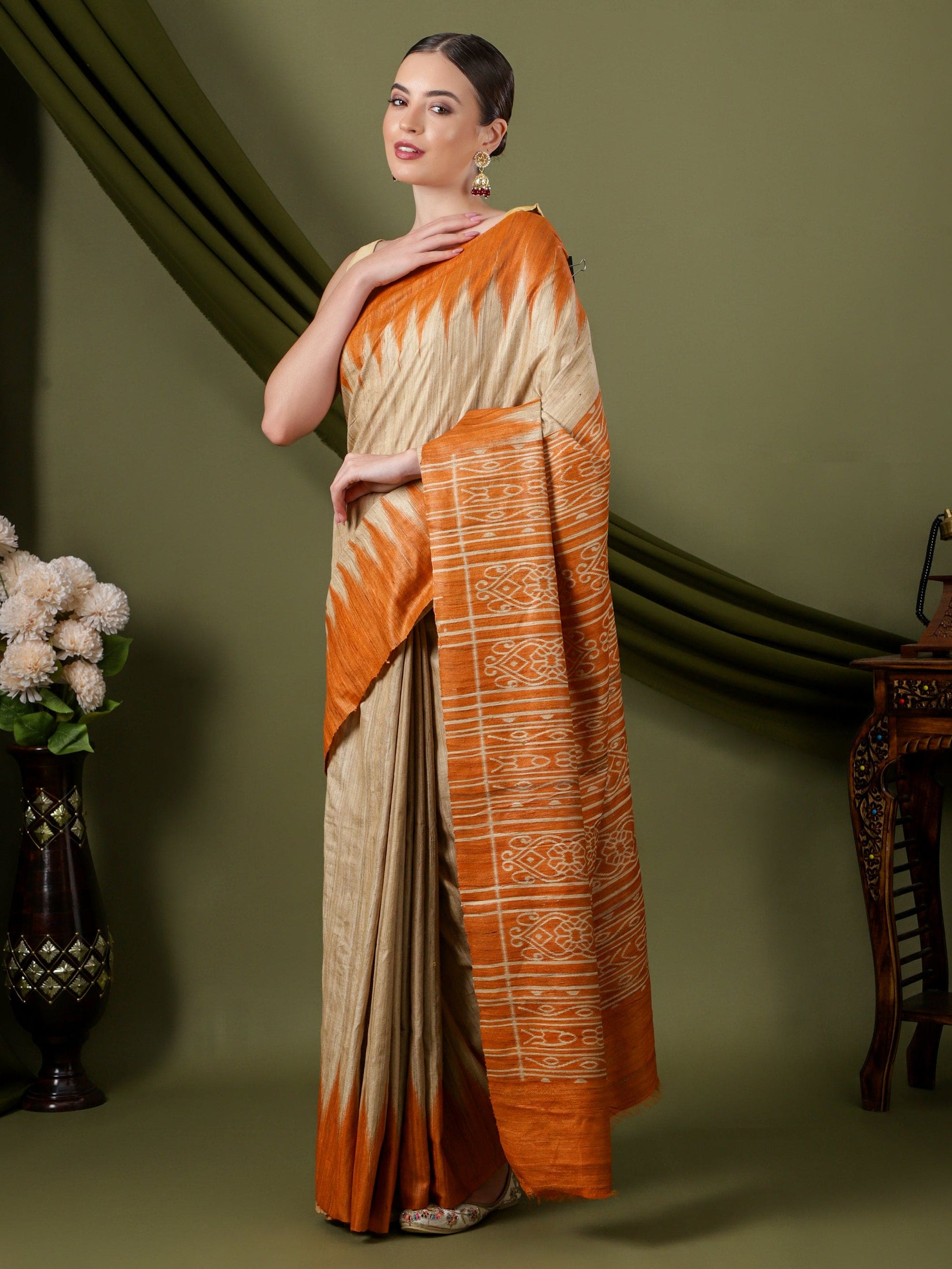 Madhubani Silk Saree - Beige & Orange